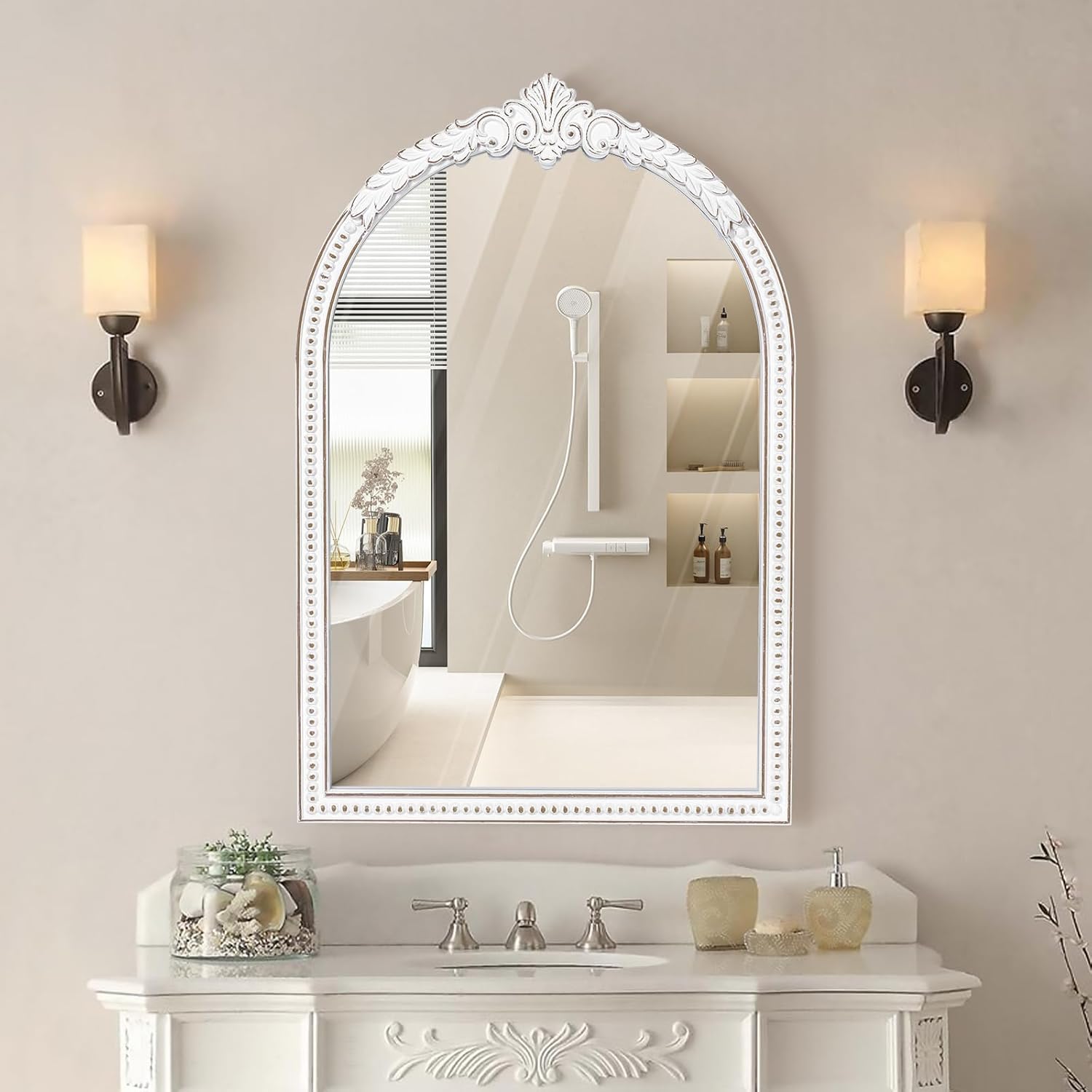 36x24 Inch Vintage Arch Wall Mirror, Antique White Baroque Ornate Wooden Mirror, Farmhouse Decorative Beaded Mirror for Over Fireplace Mantel, Living Room, Entryway, Bathroom