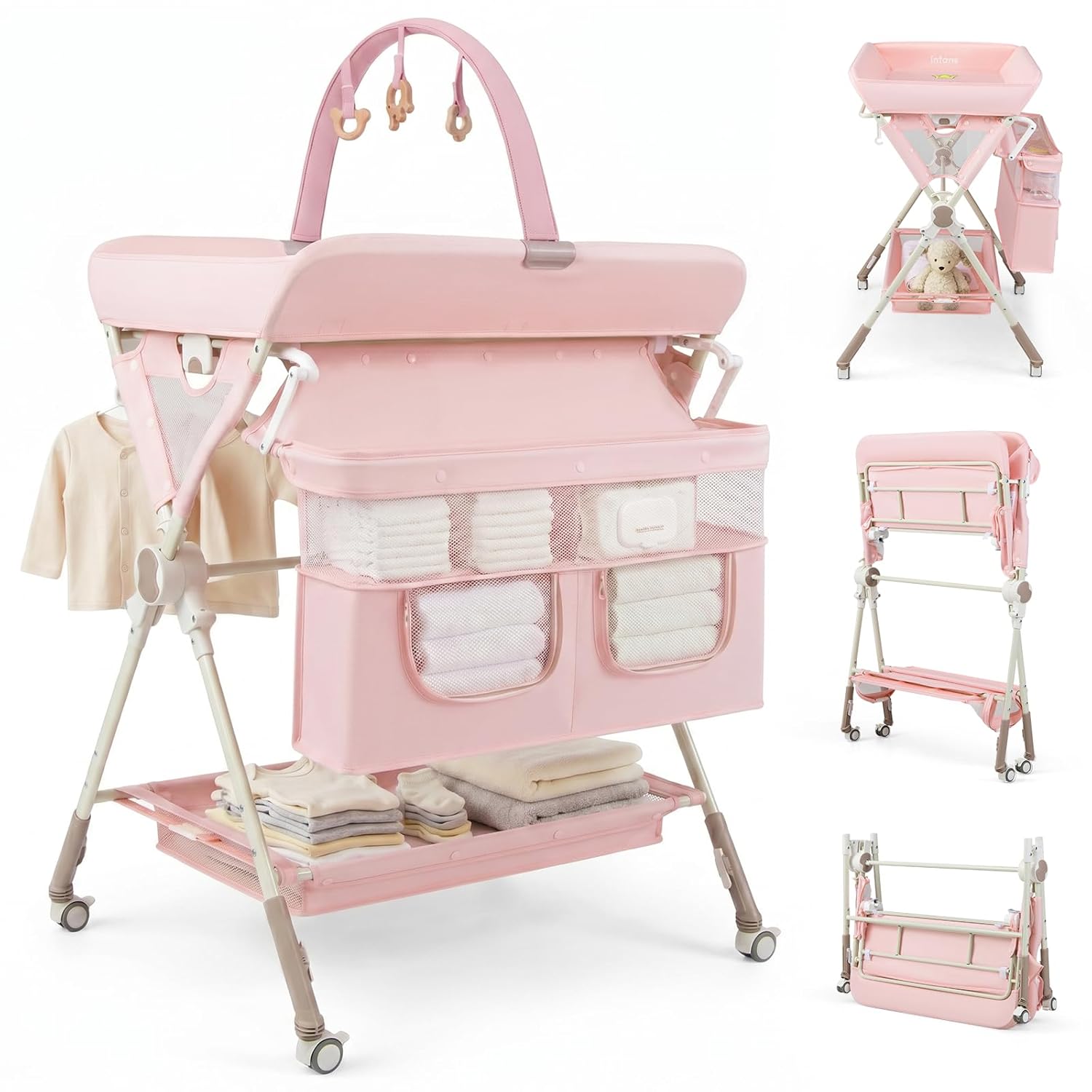 INFANS Portable Baby Changing Table with Wheels, Foldable Diaper Changing Station with Adjustable Heights, Large Organizer Storage for Newborn Infant (Pink)
