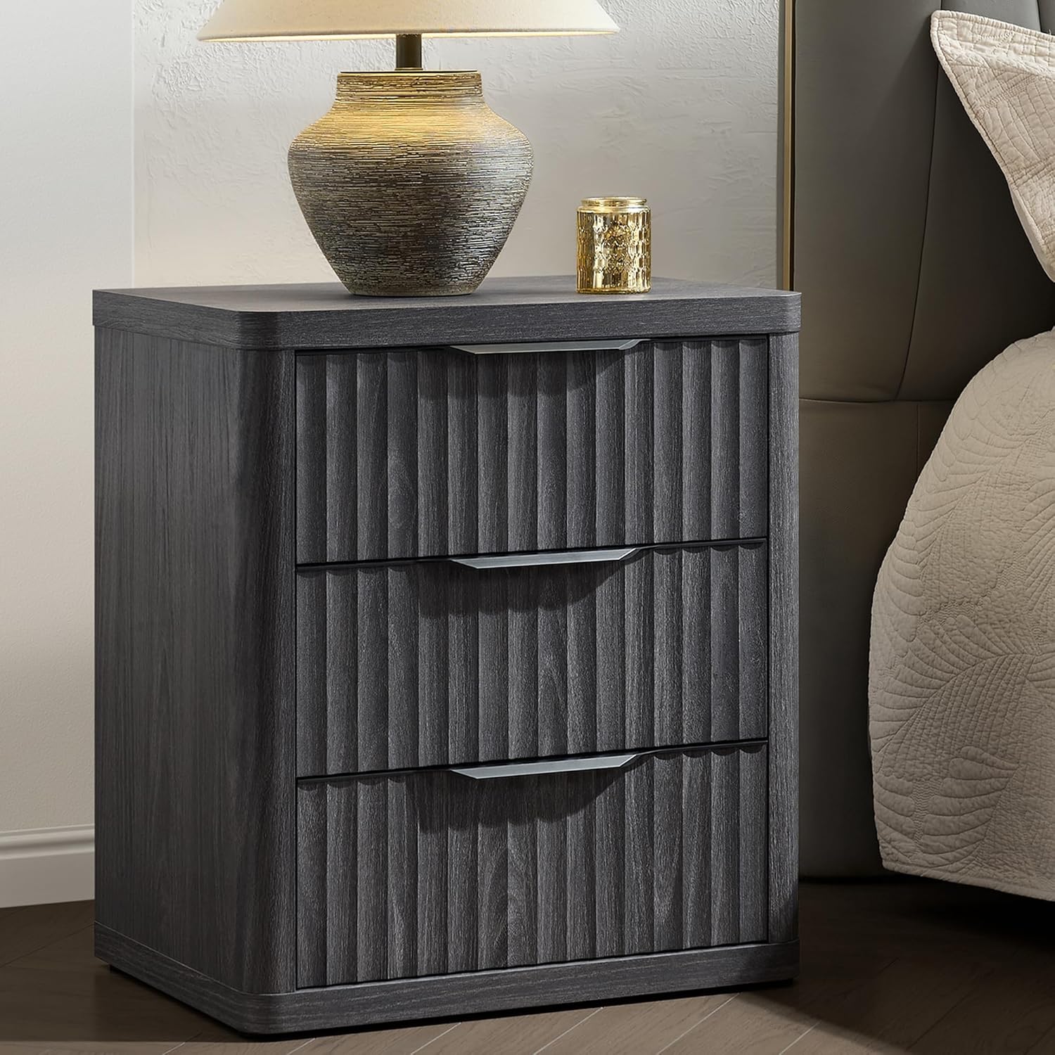 SICOTAS Night Stand Set of 2 Nightstands with 3 Drawers Storage Bedside Table Large Fluted Bed Side End Table Modern 25.6