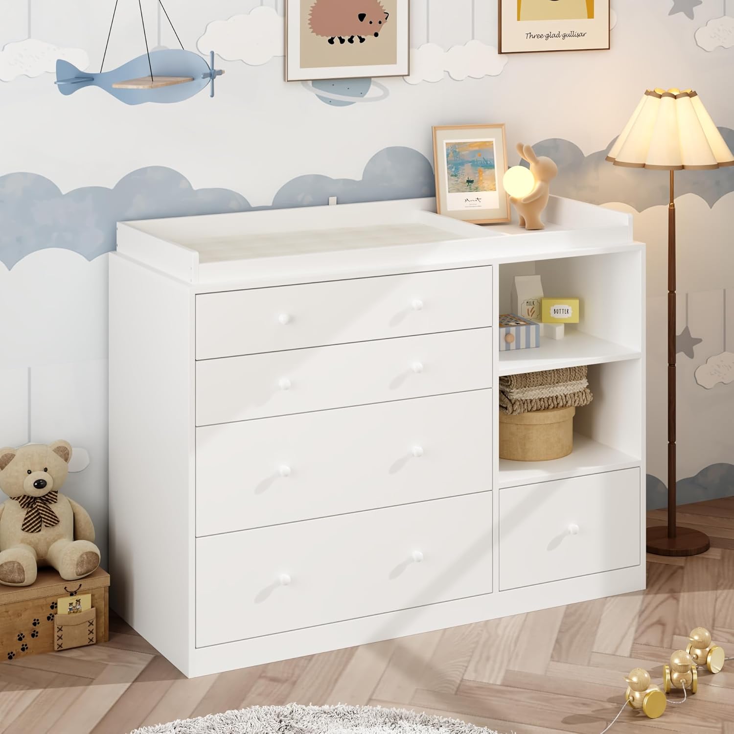 Nursery Dresser with Baby Changing Table, Diaper Changing Tables for Nursery with 5 Drawers & Shelves, Changing Station Nursery Organizer for Bedroom, White (47.6