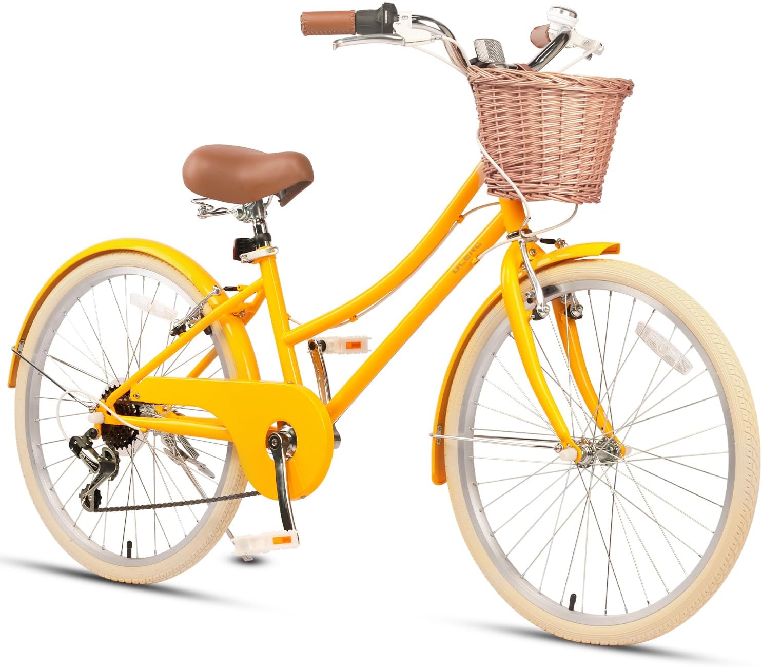 Glerc 20 24 26 Inch Beach Cruiser Bike, 6-Speed Hybrid City Bicycle for Girls Youth and Over 6 Years Old, Missy Bike with Wicker Basket & Lightweight, Multiple Colors