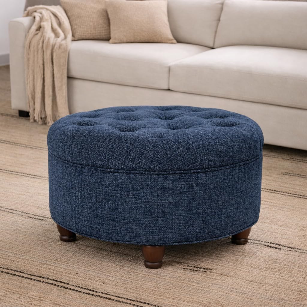 Homepop Home Decor | Large Button Tufted Woven Round Storage Ottoman for Living Room & Bedroom (Navy Woven) 25 inch D x 25 inch W x 15 inch H