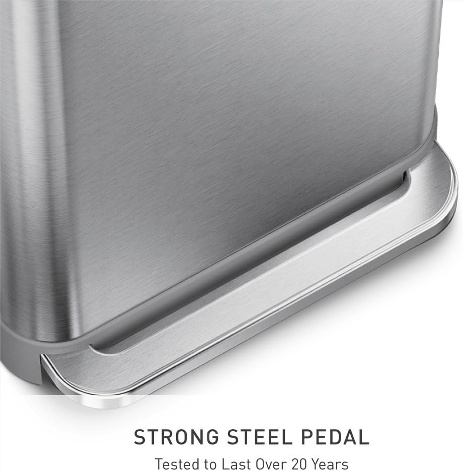 simplehuman Rectangular Step Can, 45L / 12 Gallon Kitchen Trash Can, Liner Rim System, Liner Pocket®, 150,000-Step Pedal, Lid Shox® Silent Close, Brushed Stainless Steel with Grey Plastic Lid