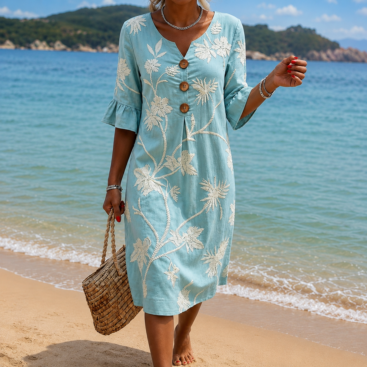 🌸Midi-Kleid im Boho-Stil mit V-Ausschnitt und Leinen-Optik