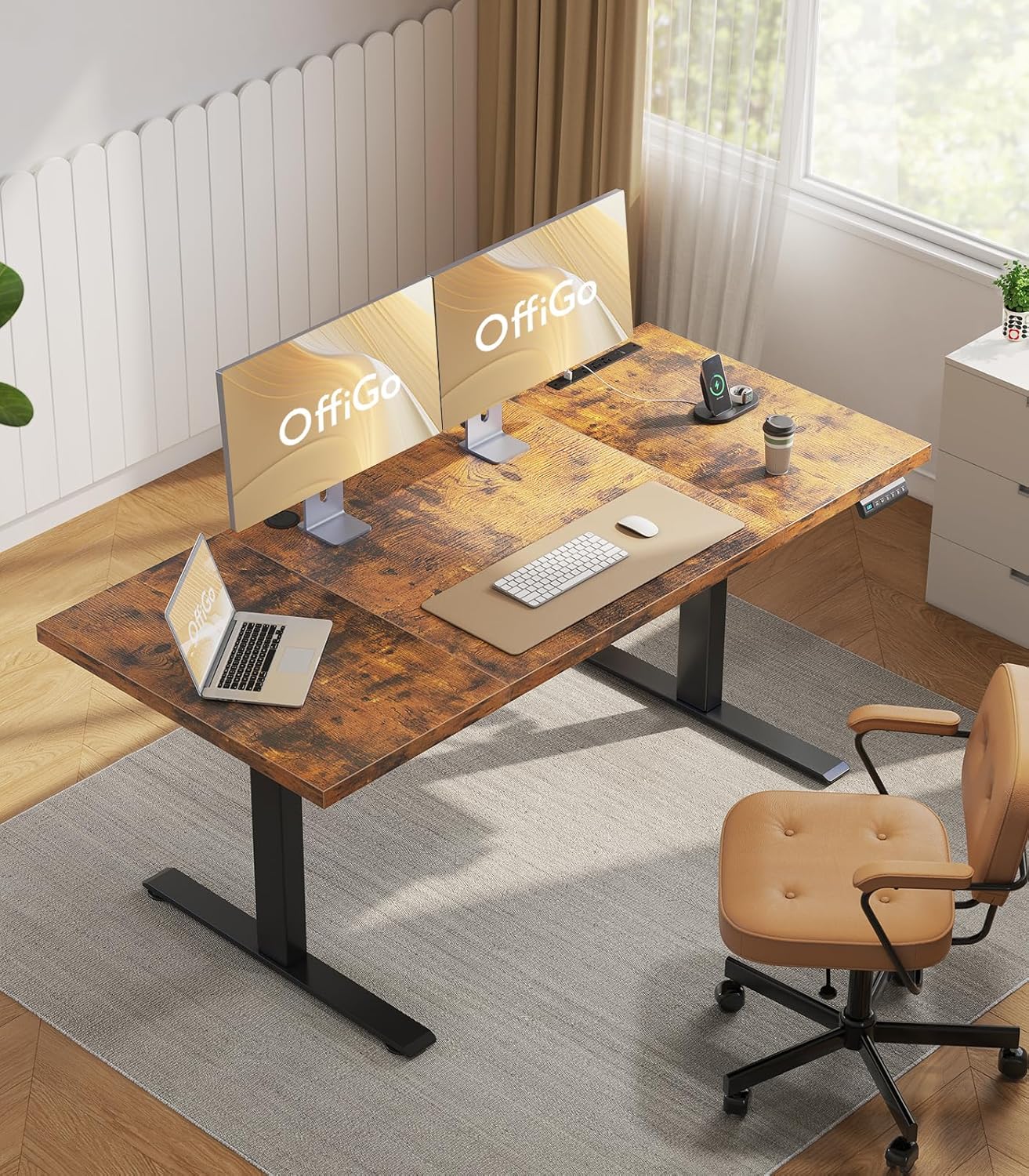 OffiGo 71 Inch Executive Electric Standing Desk, Height Adjustable Desk with Power Outlet & 1.38