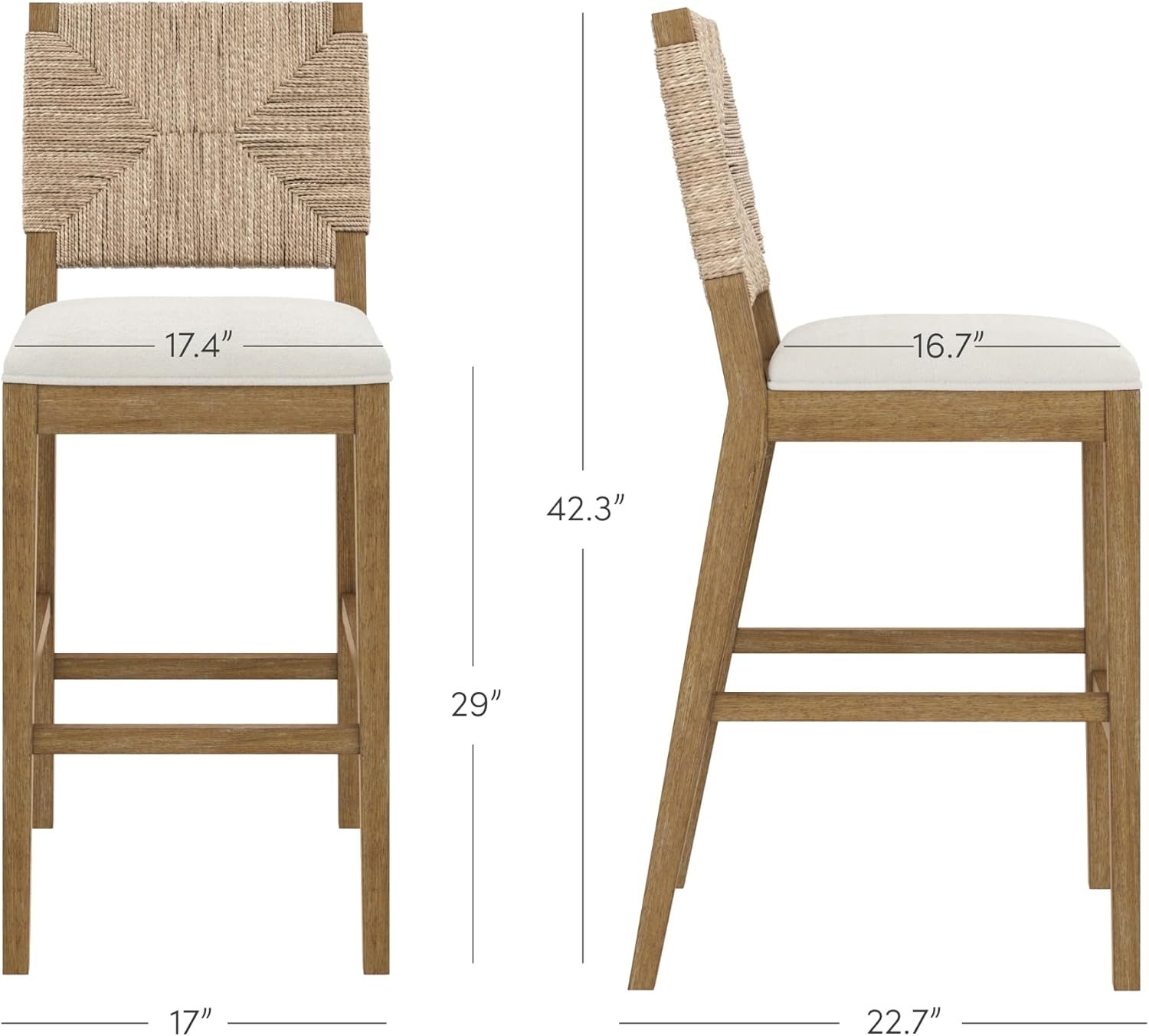 Nathan James Beacon Bohemian Boucle Bar Stool with Back, Bar Height Kitchen Island Chair, Seagrass Bar Stool, Cream Boucle/Brushed Light Brown