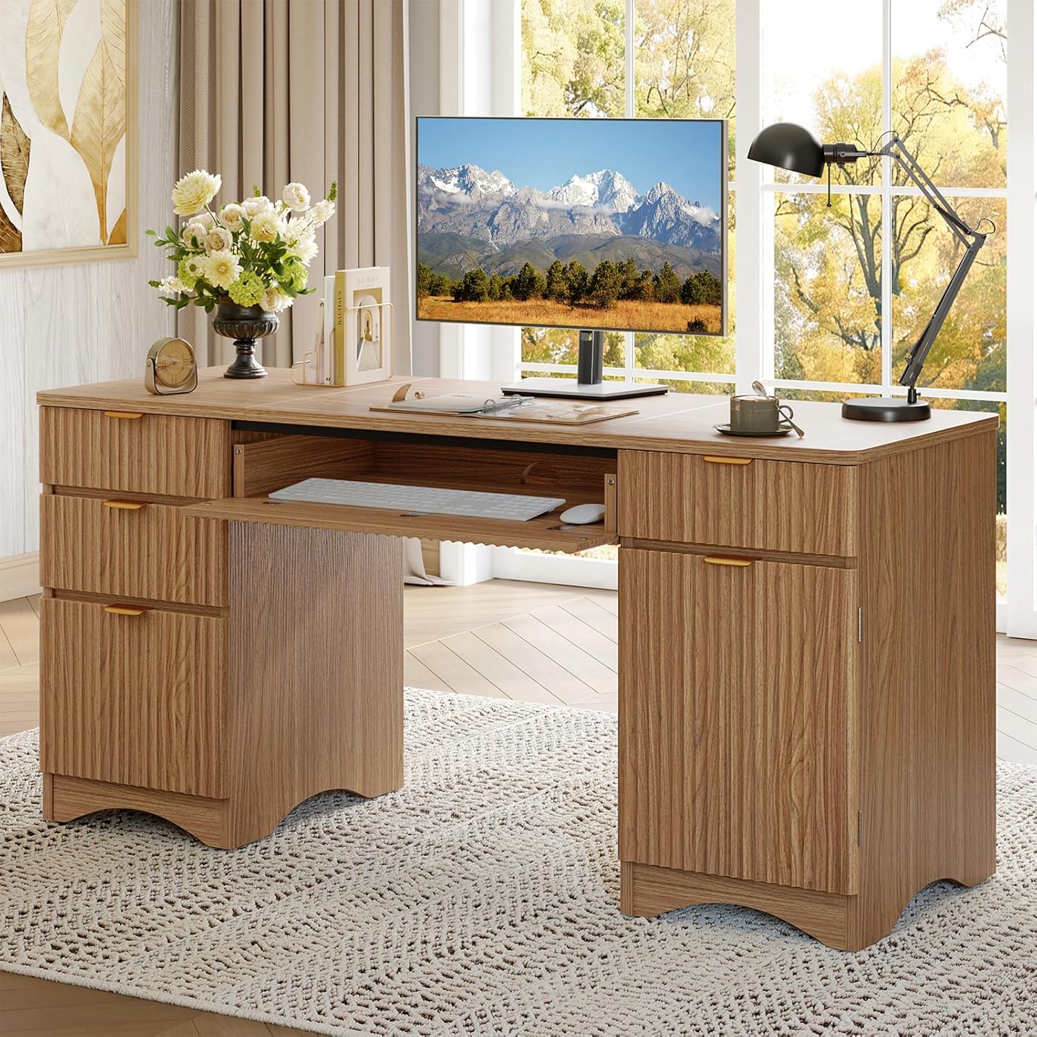 Bestier 63 Inch Fluted Executive Desk with Drawers, Wood Computer Desk with Ample File Drawer, Keyboard Tray & Storage Cabinet, Modern Home Office Desk for Study, Bedroom, Living Room, Brown