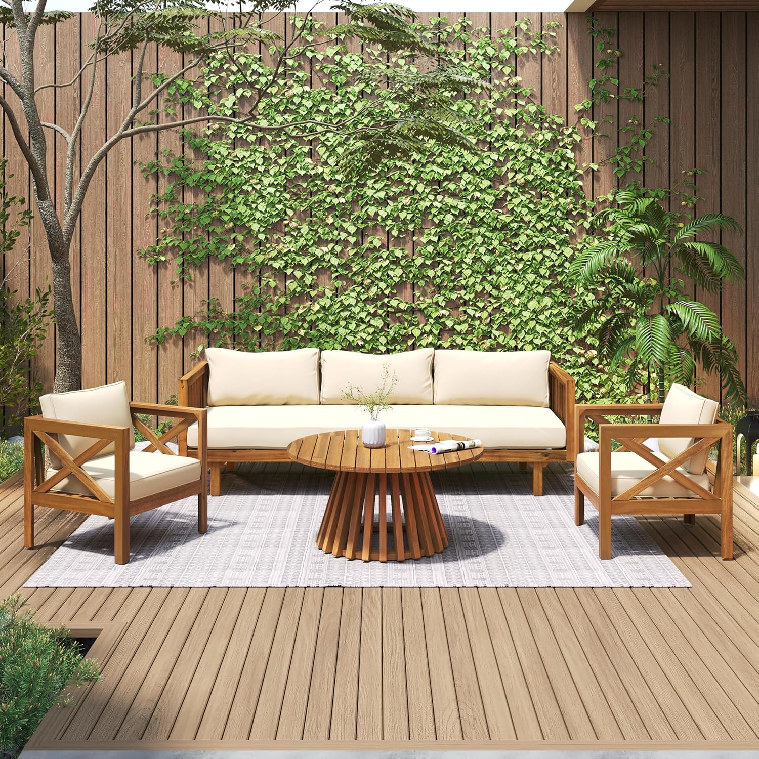 Merax Outdoor 4-Piece Acacia Wood Conversation Set - Patio 3-Seat Loveseat Sofa w/Coushion, 2 Armchair and Round Coffee Table for Backyard, Lawn, Balcony, Teak + Beige