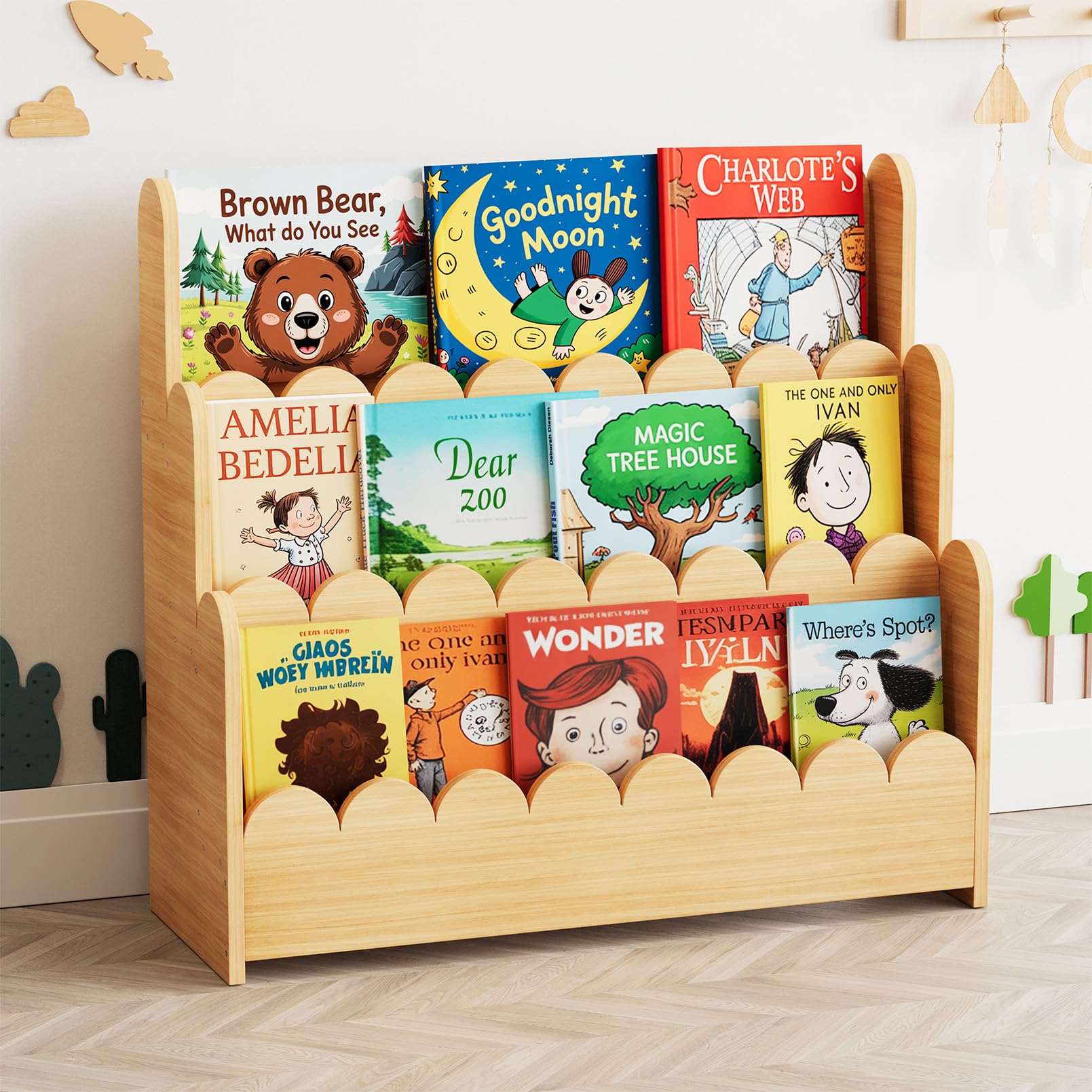 SPACEAID 3-Tier Scalloped Bookshelf for Kids' Rooms