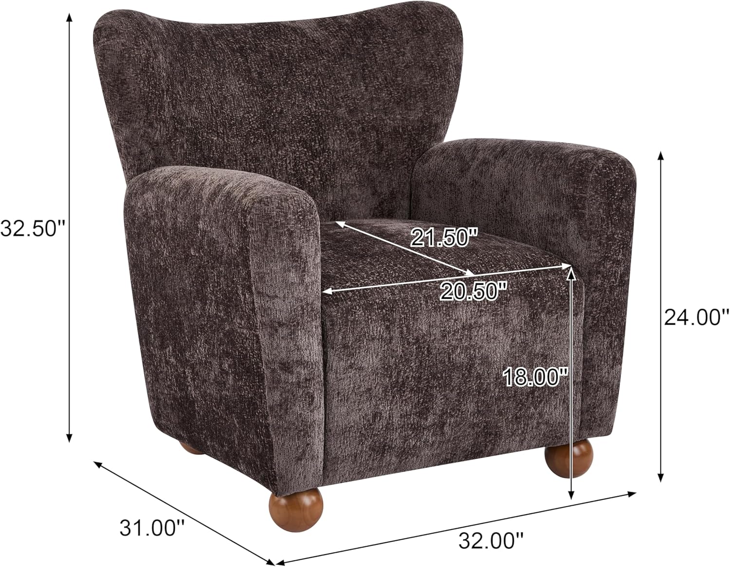 Merax Accent Chair Wingback Upholstered Armchair, Fabric Lounge Chair with Solid Wood Legs, Comfy Reading Chair for Living Room Bedroom Office, Dark Brown