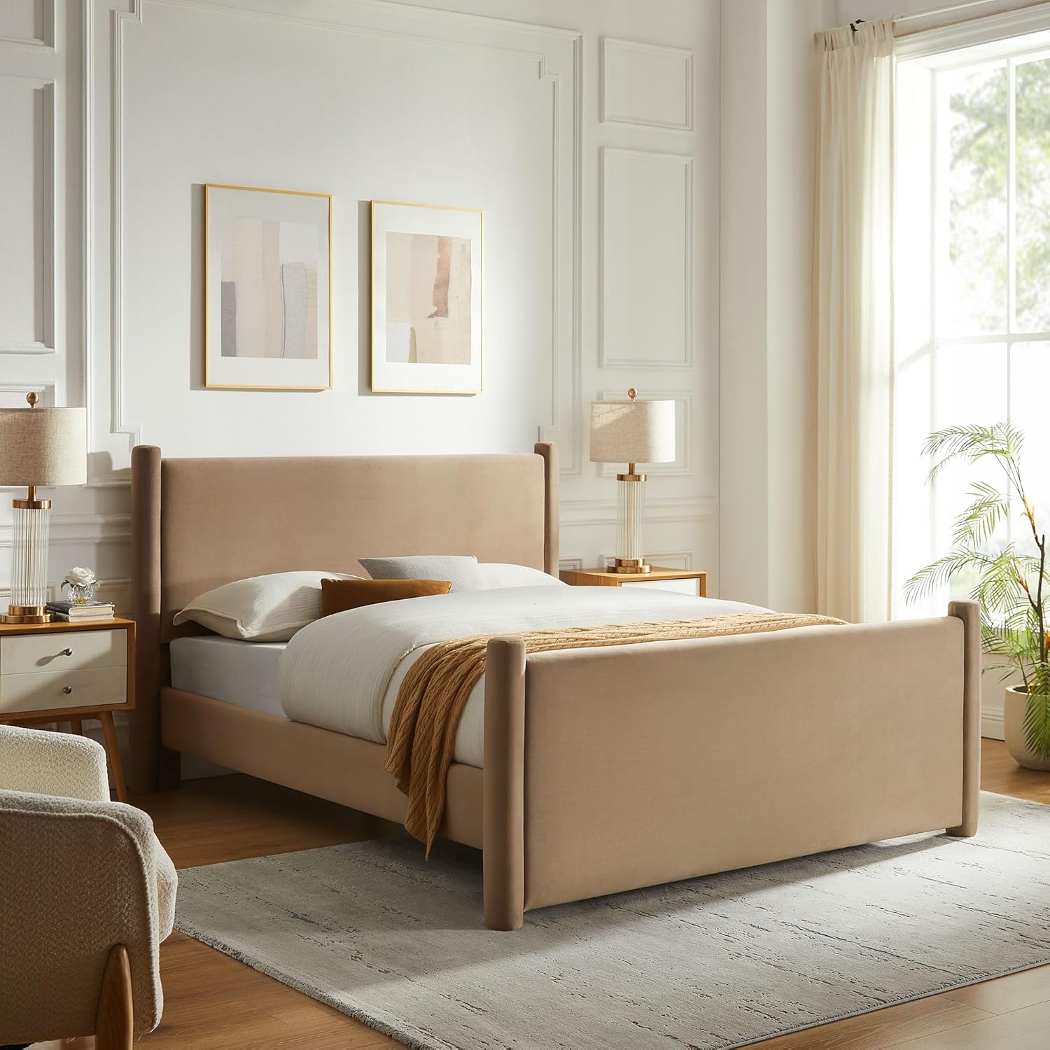 Modway Rael King Platform Bed Frame with Upholstered Headboard and Footboard in Taupe – Stain-Resistant Performance Velvet King Size Bed with Rounded Posts