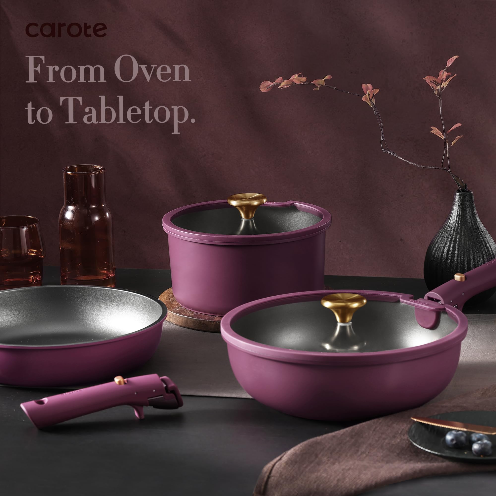 CAROTE 21pcs Nonstick Cookware Set with Removable Handle