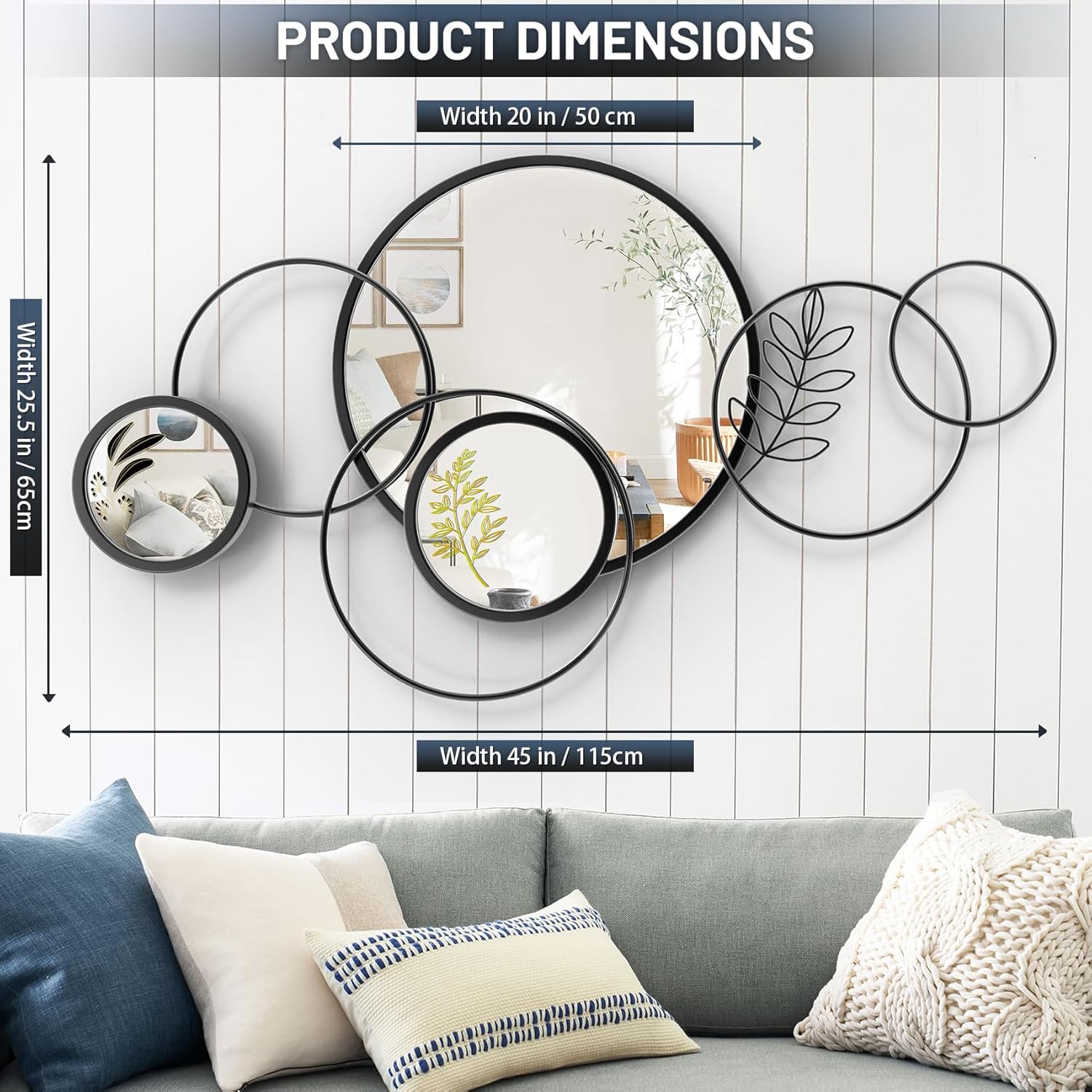 Wall Mirror Decorative, Print Round Decorative Mirrors, Large Decor Metal Wall Art Mirro for Entryway, Living Room, Bedroom, Dining Room Kitchen Decor 45''x25.5''
