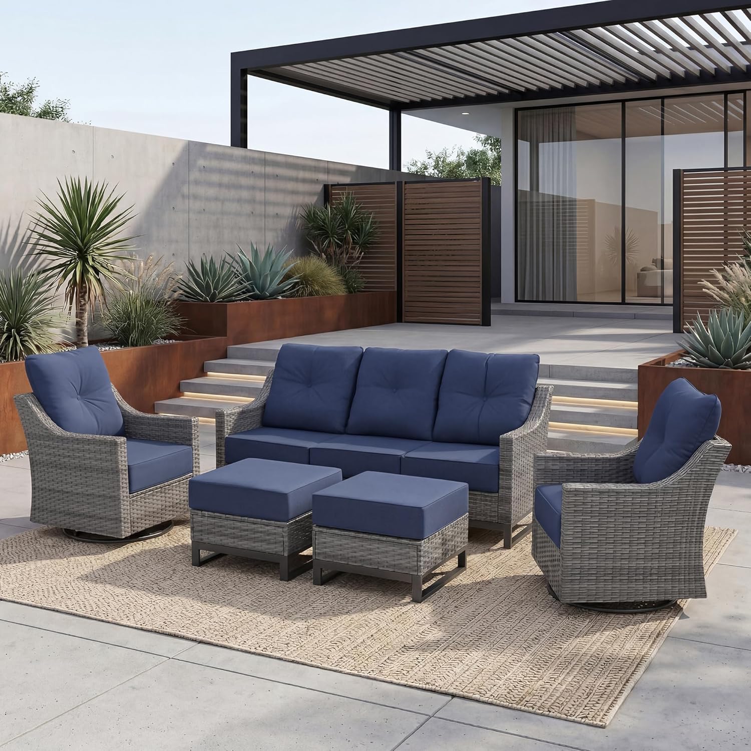 5 Piece Patio Furniture Set, Grey Wicker Outdoor Conversation Set with 2 Swivel Rocker Chairs, Sofa and 2 Ottomans, 6-Inch Thick Cushions, Blue Olefin Covers for Patio and Porch