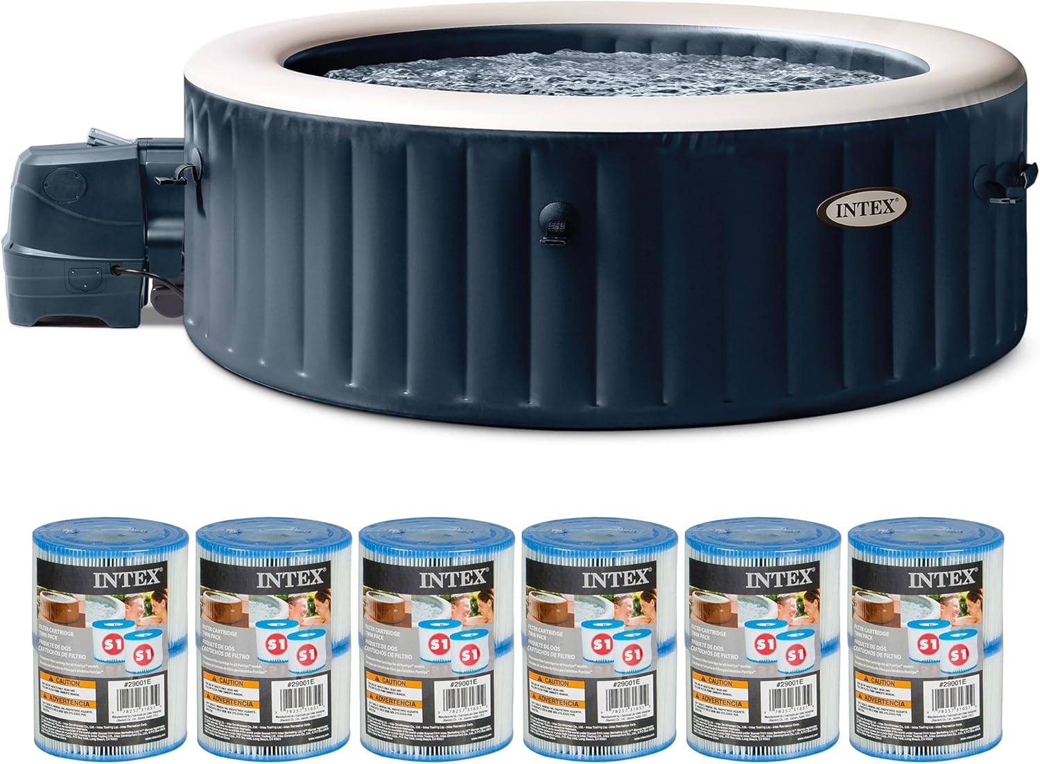 Intex 28429EP PureSpa Plus Portable Inflatable Bubble Jet Hot Tub, 77 x 28 & PureSpa Type S1 Easy Set Spa Filter Replacement Cartridges (12 Pack)