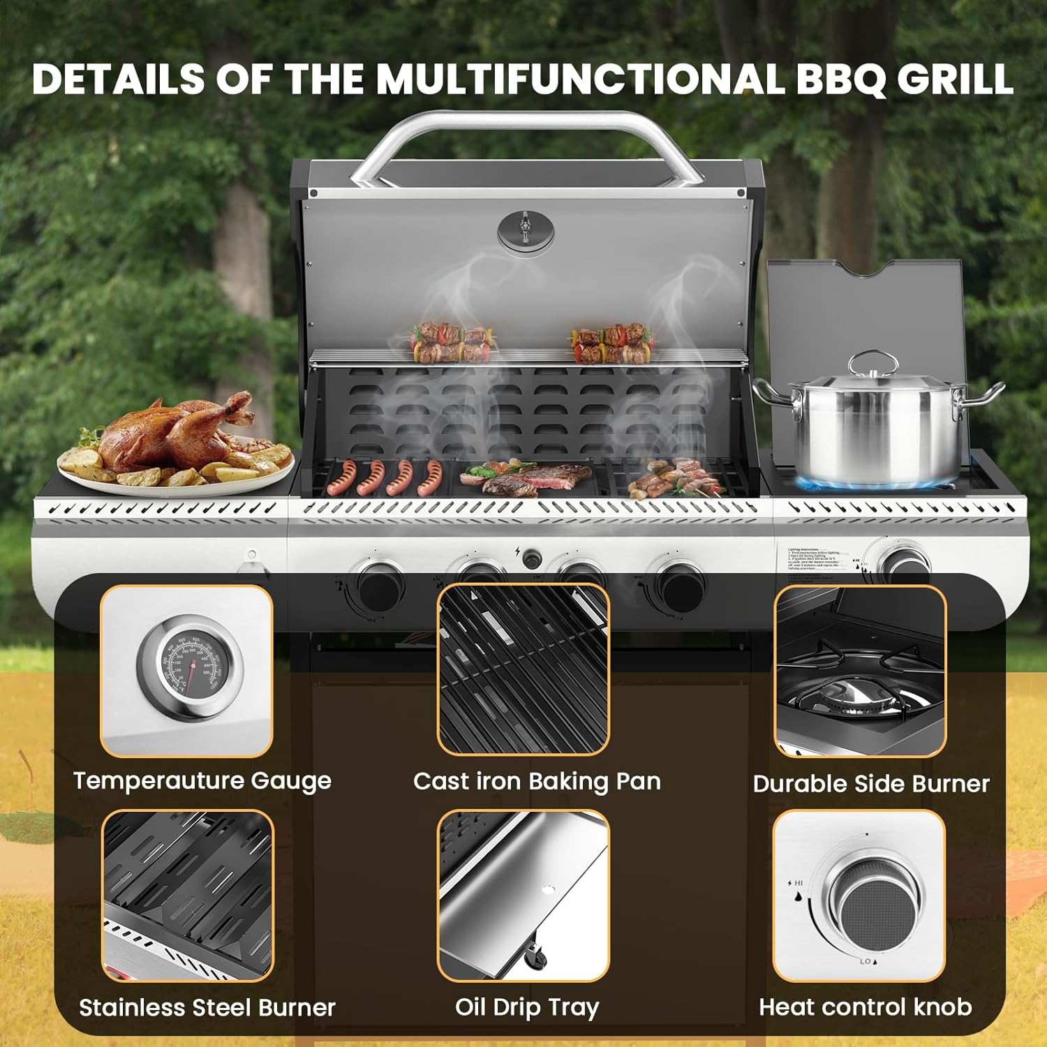 Electactic 4-Burner Gas Grill with Side Burner,Stainless Steel Propane Grill with Porcelain-Enameled Grills,Built-In Thermometer,42000BTU BBQ Grill for Outdoor Cooking and Patio Barbecues