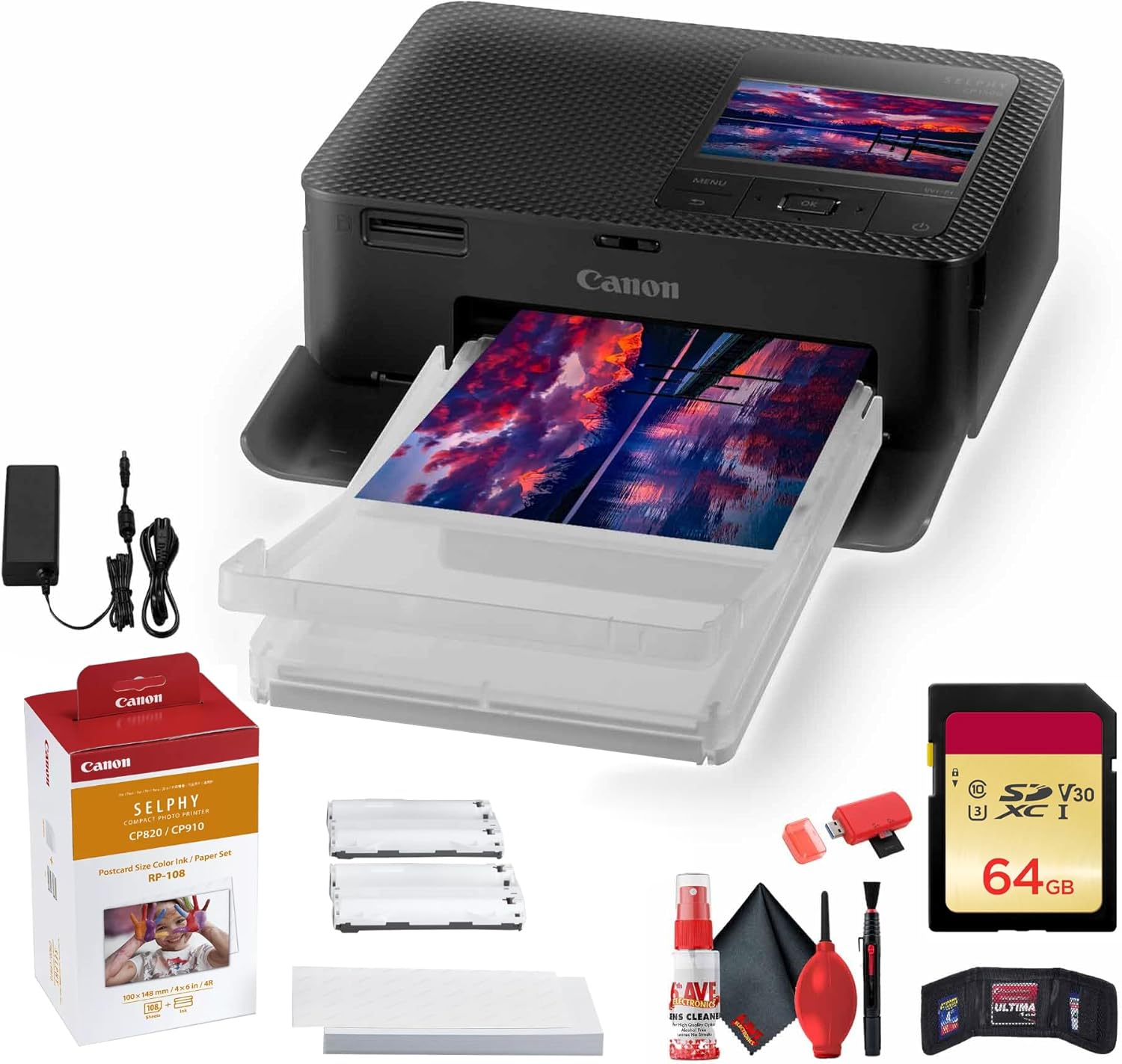 Canon SELPHY CP1500 Compact Photo Printer (Black) (5539C001) RP-108 Color Ink and Paper Set + 64GB Memory Card + Cleaning Kit + Memory Card Wallet + Card Reader