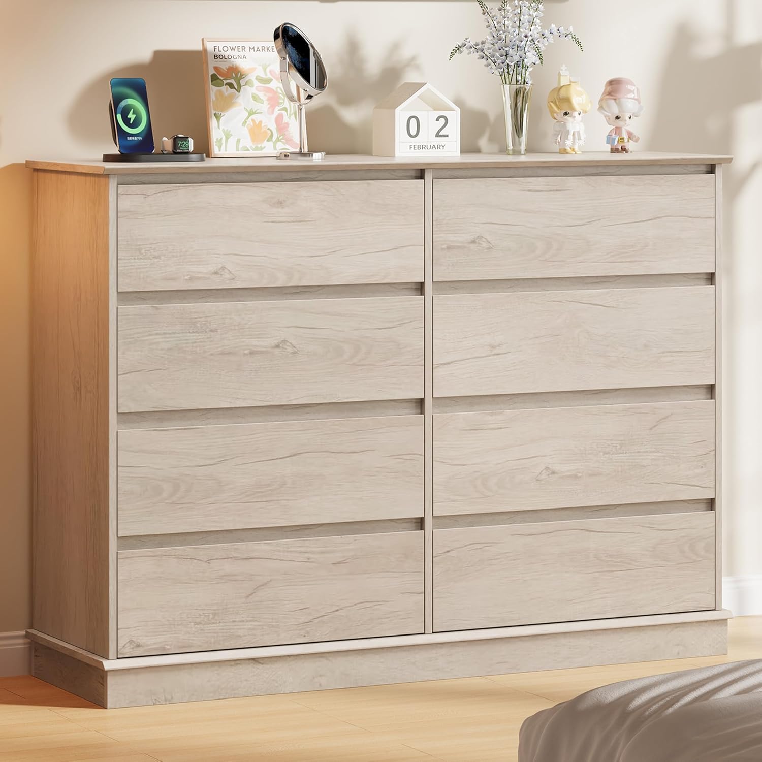 IDEALHOUSE 8 Drawer Dresser, 51” Wide Storage Organizer Chest of Drawers for Bedroom Closet Entryway Hallway Living Room, Large Dressers with Top Surface, Vintage Oak