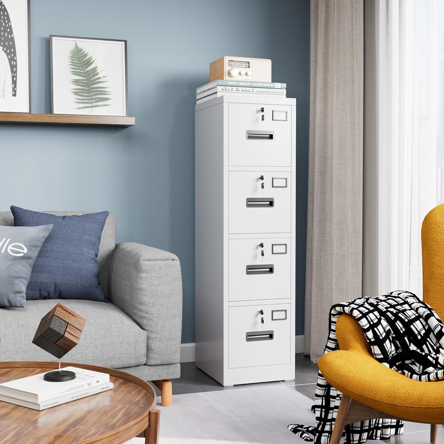 4 Drawer File Cabinet with Lock,White Metal Filing Cabinet for Home Office,Vertical Steel Storage Cabinet with Keys for Letter/A4 Size,14.96