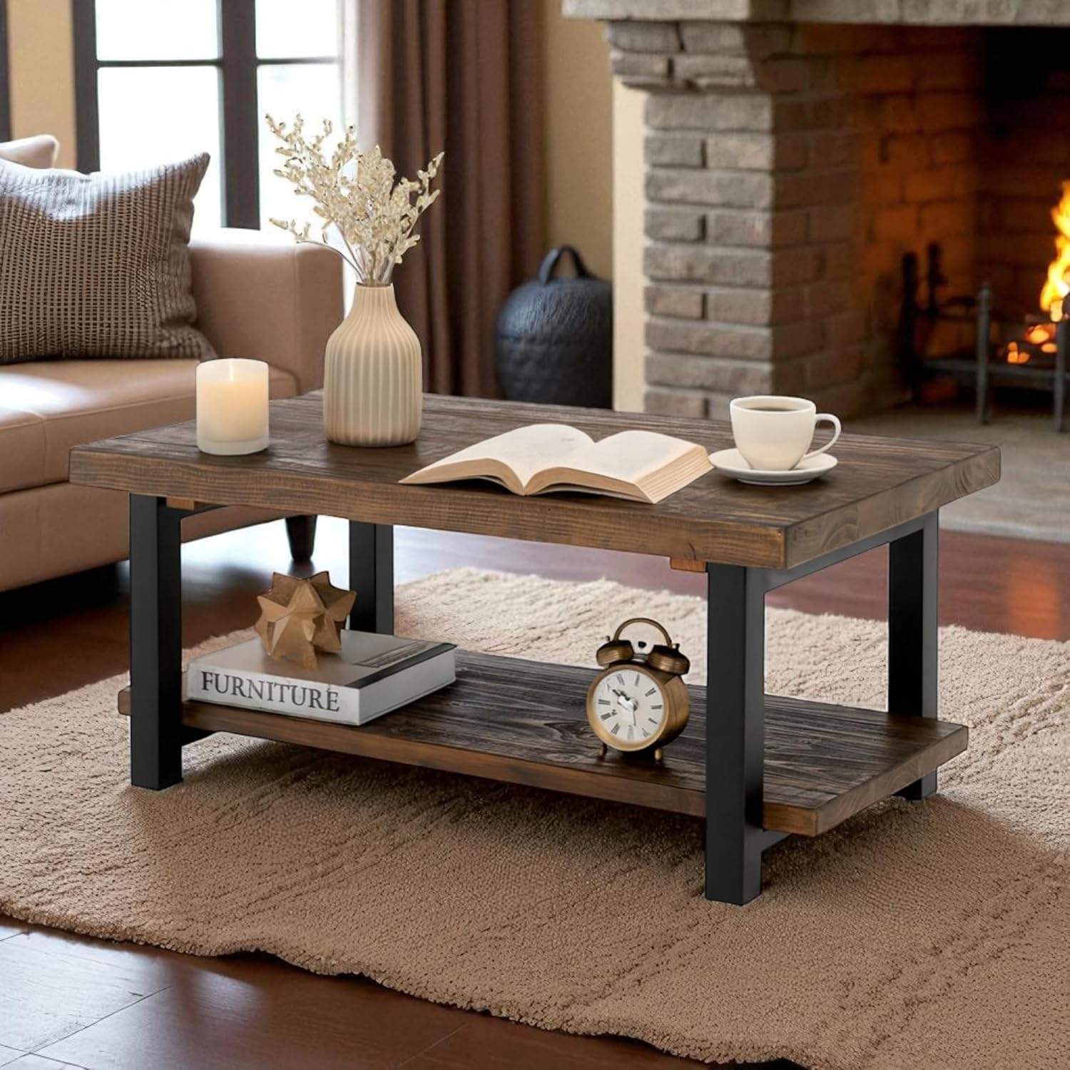 Alaterre Furniture Pomona Rustic Coffee Table with Storage Shelf - 42-Inch Industrial Modern Metal and Solid Wood Living Room Table - Easy Assembly Farmhouse Living Room Furniture (Rustic Natural)