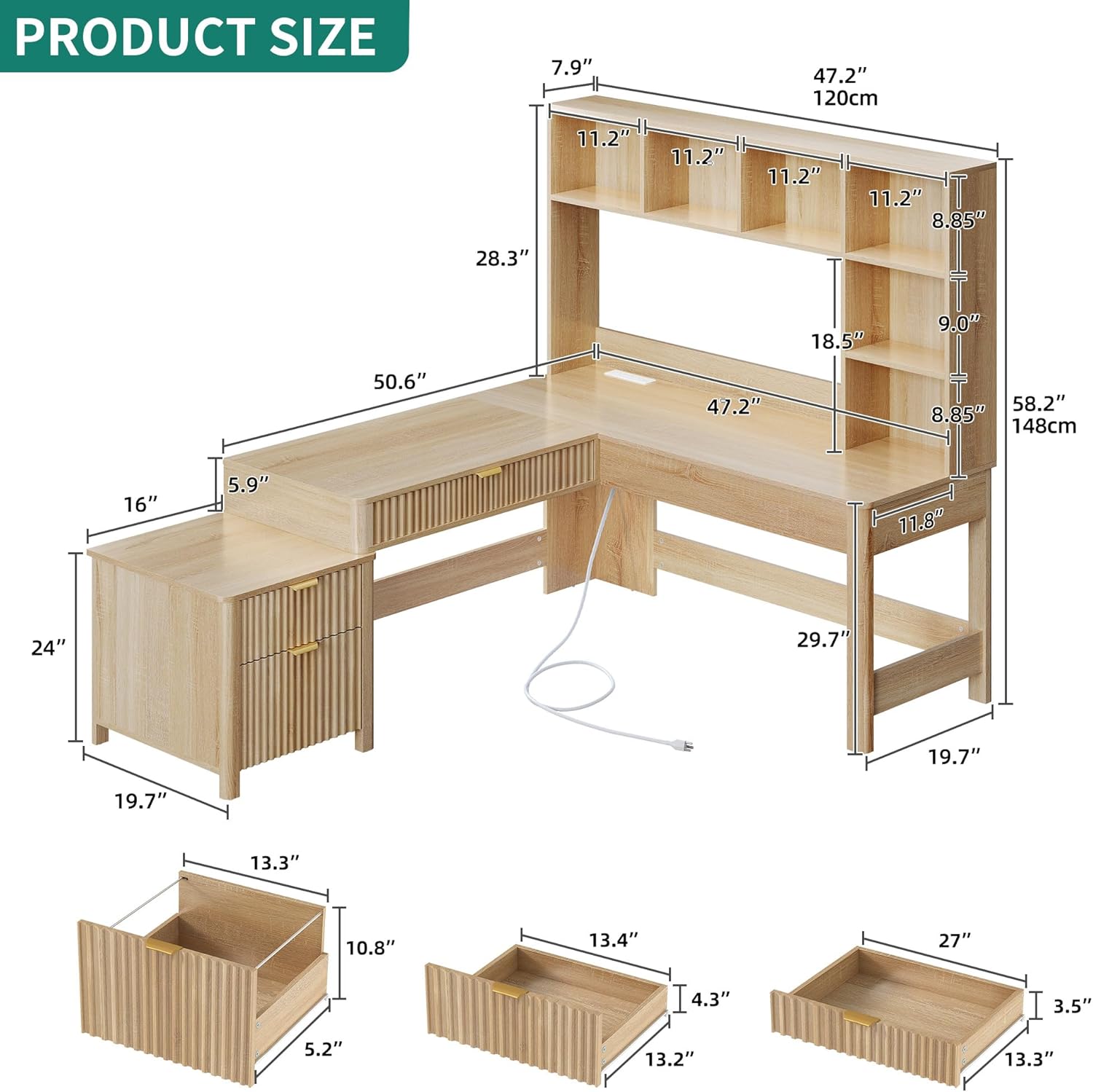 YITAHOME L Shaped Desk with Hutch and Drawers, 67