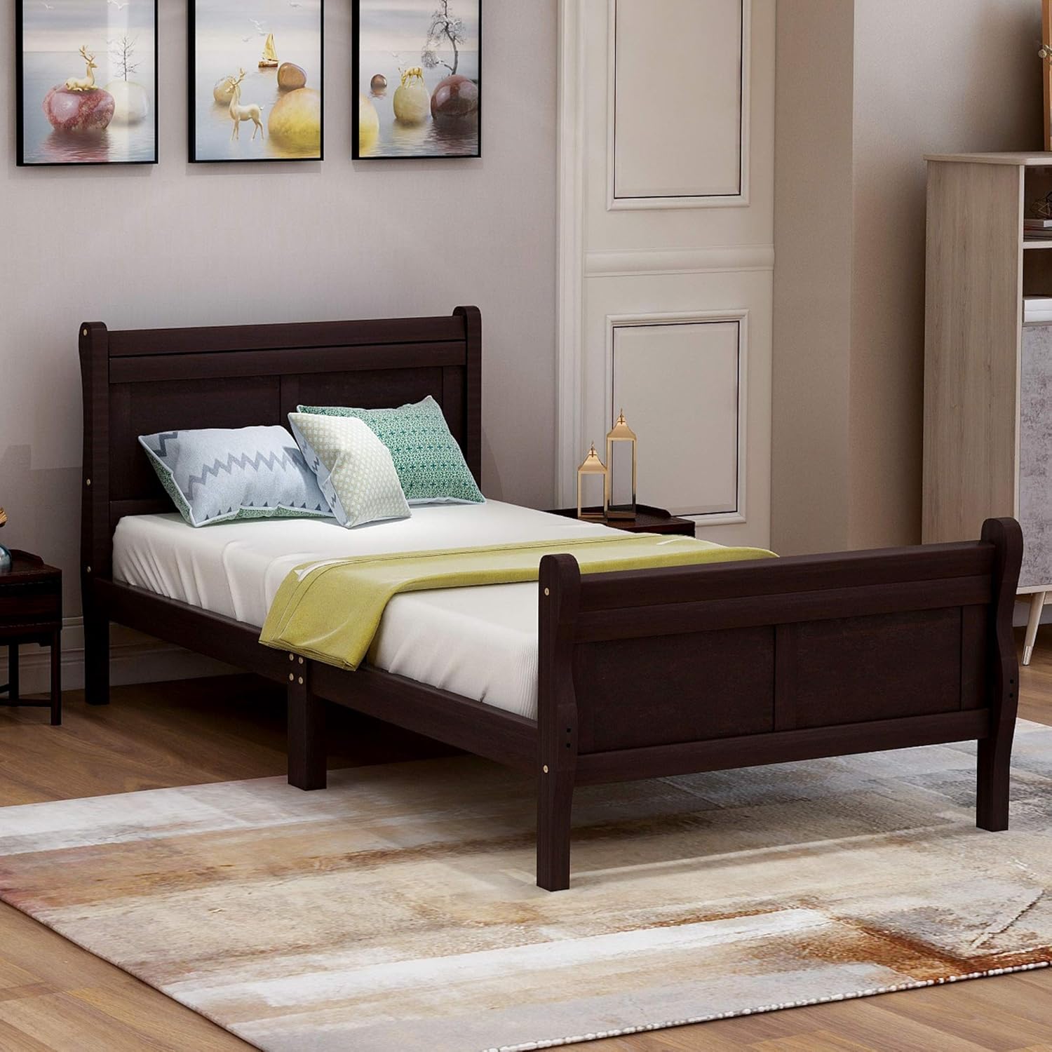 GDFStudio Twin Bed Frame with Sleigh Headboard & Footboard, Solid Wood Platform Bed Frame Twin Size, Modern Space Saving Wood Bedframe, No Box Spring Needed, Easy Assembly, Espresso