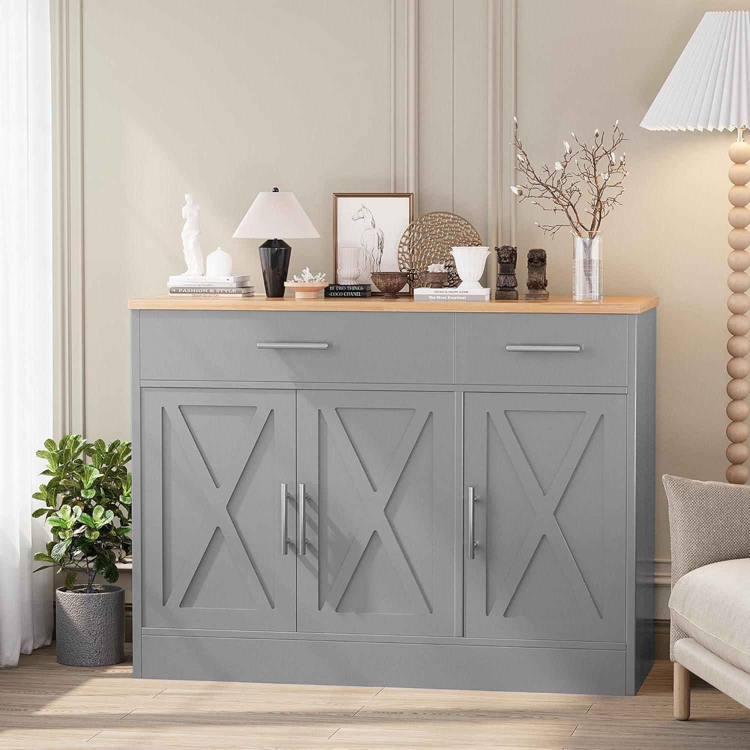 Shintenchi Modern Farmhouse Sideboard Buffet Cabinet with Storage with 3 Doors,42