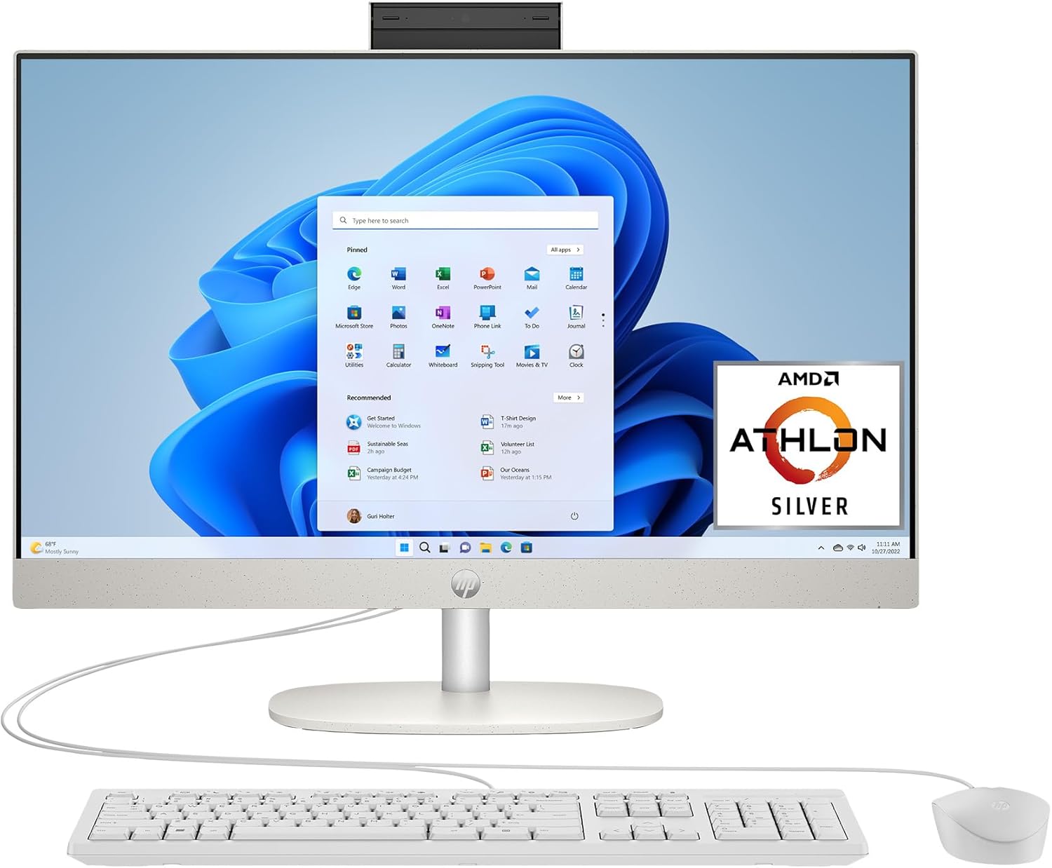 HP 23.8 inch All-in-One Desktop PC, FHD Touchscreen, AMD Athlon Silver 7120U, 8 GB RAM, 256 GB SSD, AMD Radeon Graphics, Windows 11 Home, Shell White, 24- cr0210 (2025)