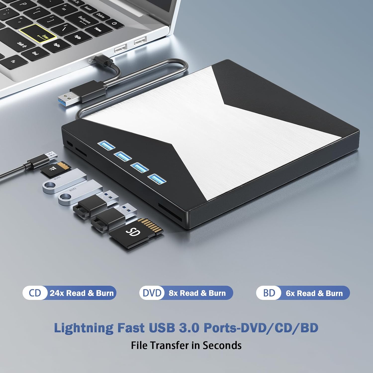 External Blu Ray Drives, 4K Portable Blu Ray Burner USB 3.0 Type-C UHD BD Player with SD/TF Port, CD/DVD Burner R/W 3D Blu Ray Drive, External 4k Blu Ray Drive Compatible with Windows Mac OS Laptop