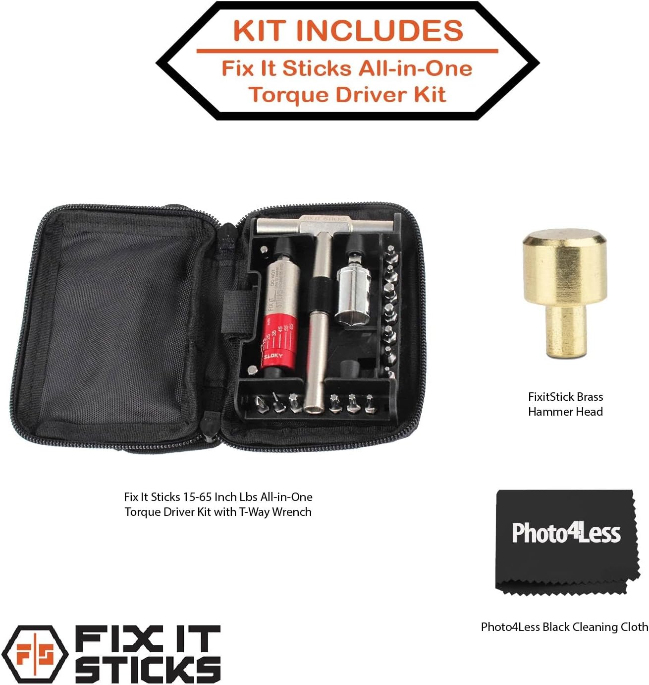 Fix It Sticks Tightening +/- 10% Accurate 15-65 inch-lbs All-In-One Torque Driver Tool Kit w/T-Way Wrench Bits Socket Adapters Bundle Brass Hammer Head Steel Insert Bit