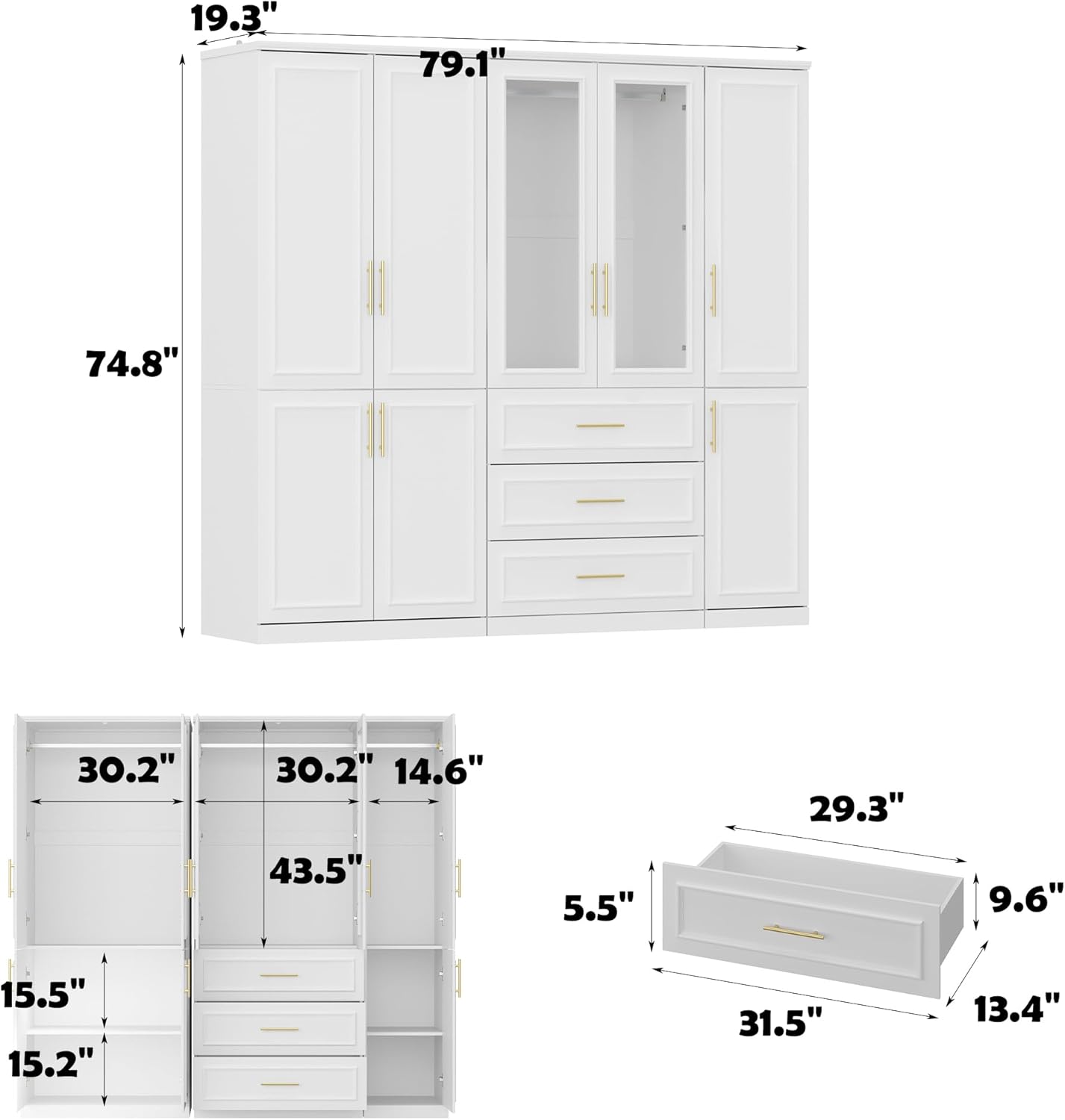 FUFU&GAGA Wardrobe Closet Collection with Doors, Modern White Bedroom Armoire System with Gold Handles, Modern Clothes Storage Cabinet with Drawers, Shelves, Hanging Rods, 79.1”W x 19.3”D x 74.8”H