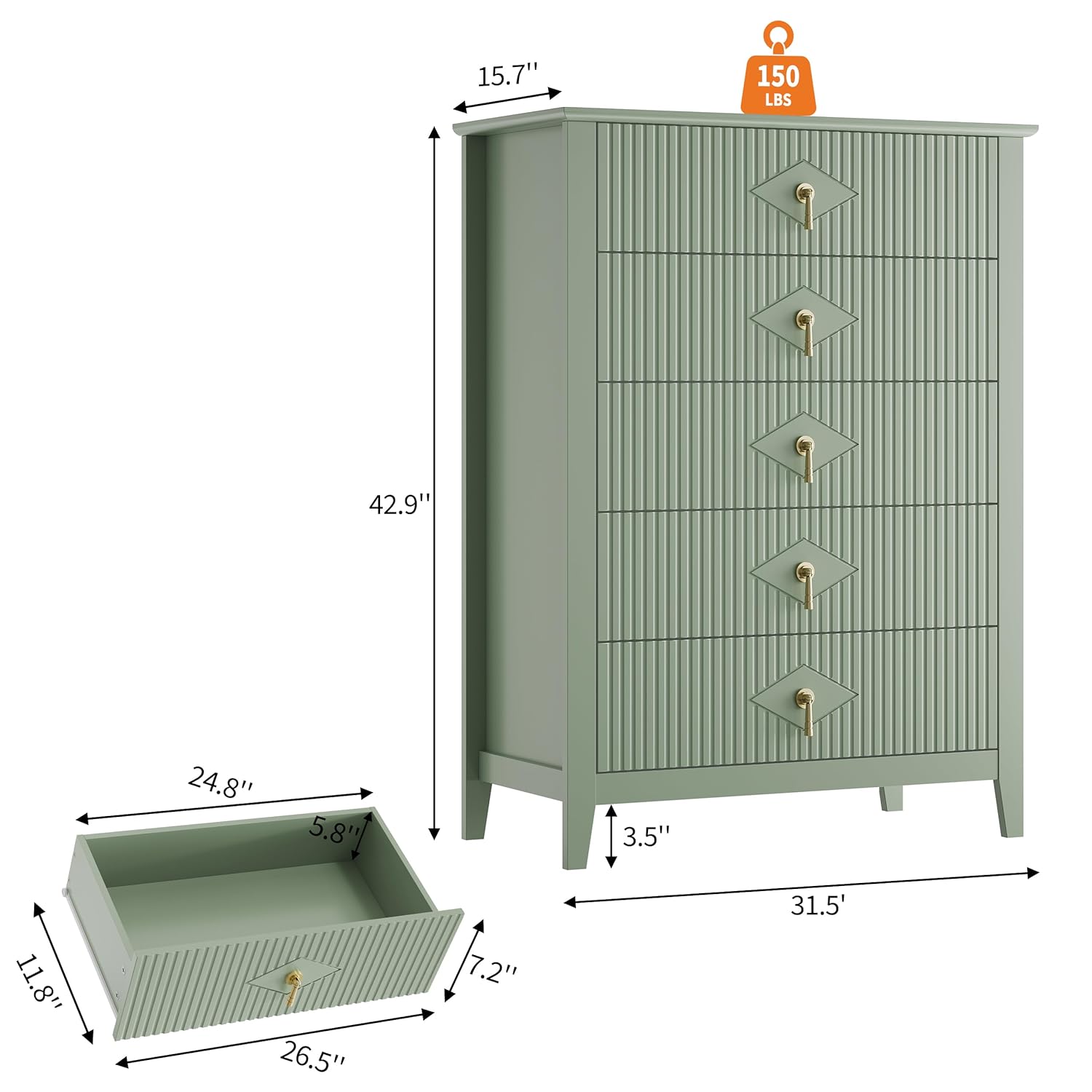GarveeHome Fluted Dresser for Bedroom, 42.9