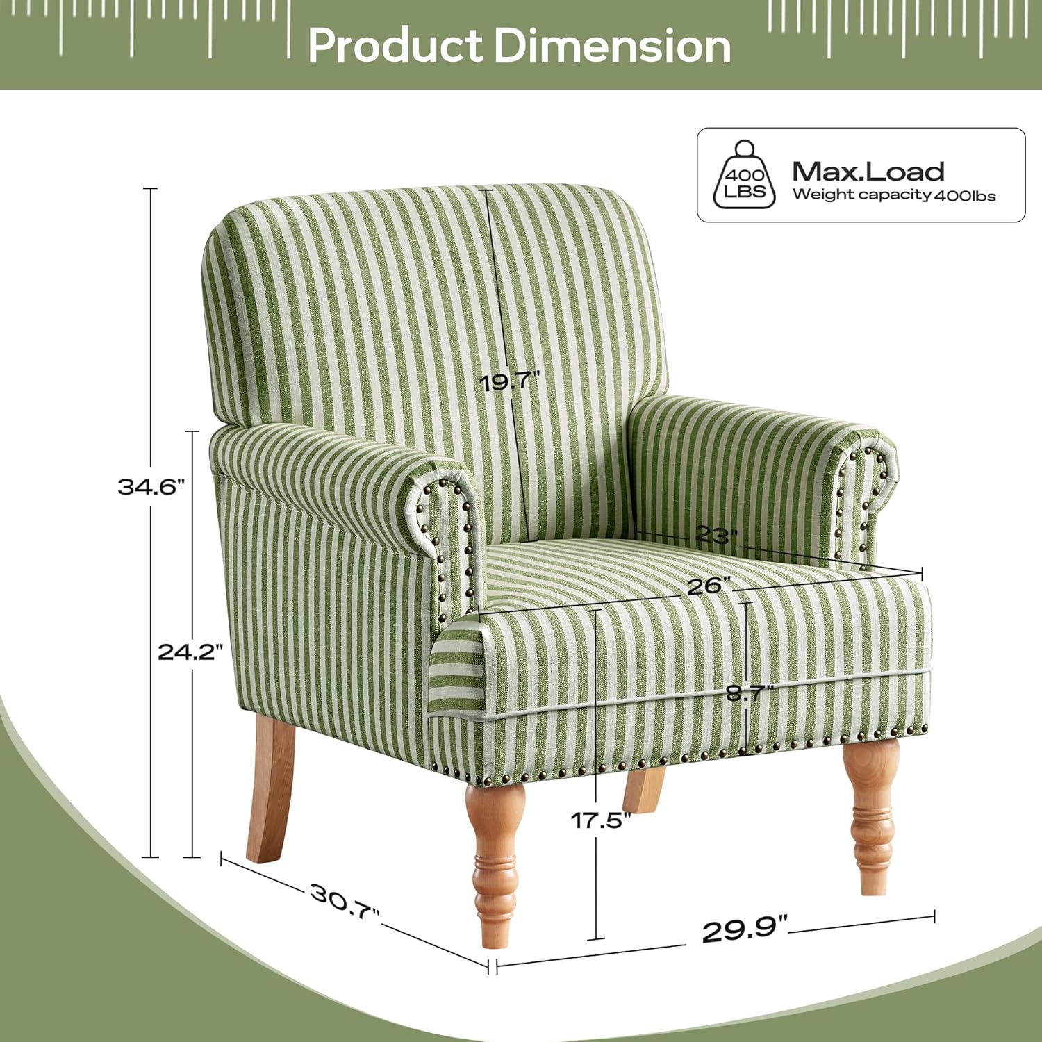 HUIMO Linen Fabric Accent Chair, Mid-Century Modern Upholstered Armchair with Solid Wood Legs, Comfy Reading Club Chair for Living Room Bedroom (1, Green and White Stripe)