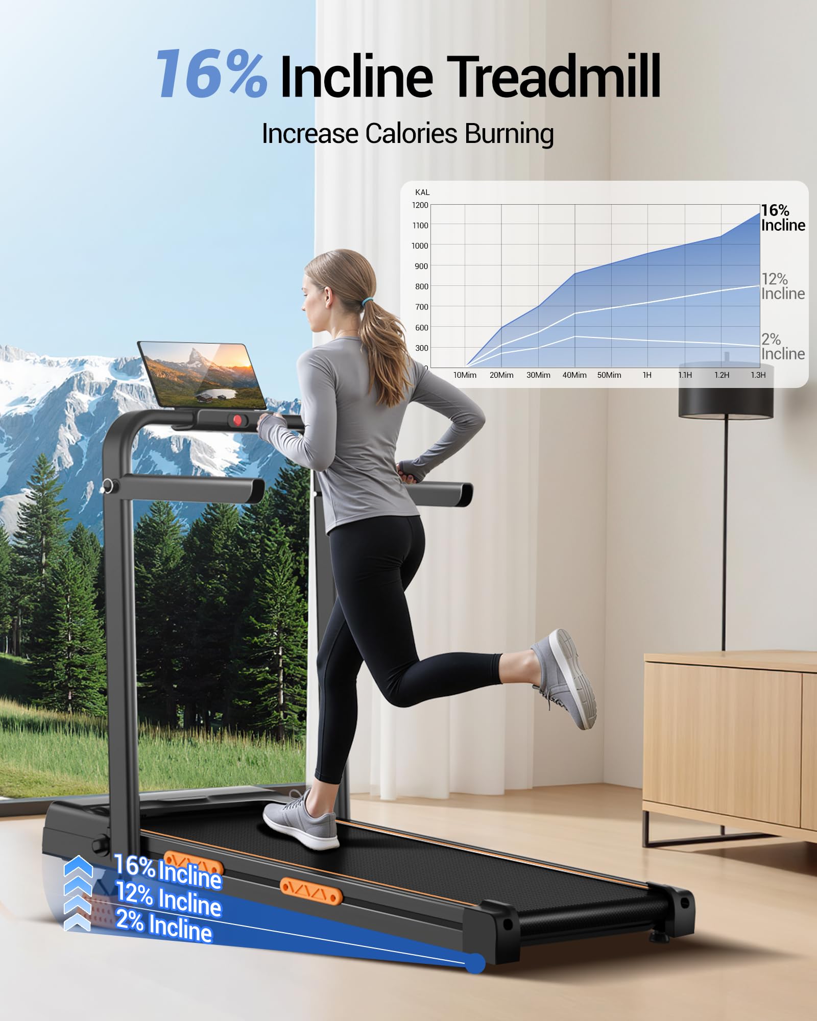 CURSOR FITNESS 16% Incline Walking Pad Treadmill - 4-in-1 Home Use