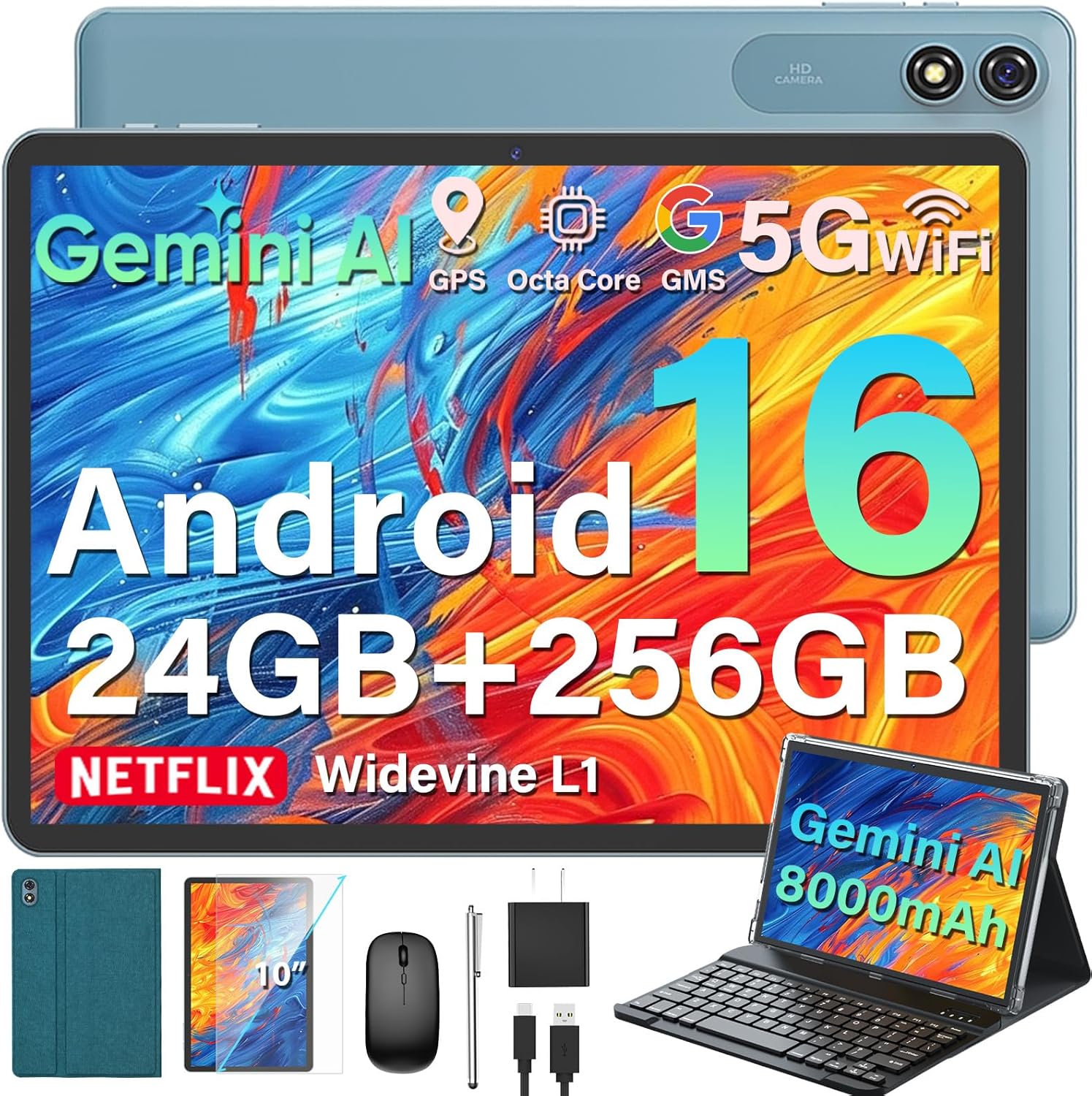 2026 Upgraded Android 16 Tablet, 10 inch Tablet with Keyboard, 24GB+256GB+2TB Expand, Gemini AI Tablet PC with 8-Core, 8000mAh, WiFi, GPS, Electronic 2-in-1 Tablets with Case, Mouse, Stylus (Green)