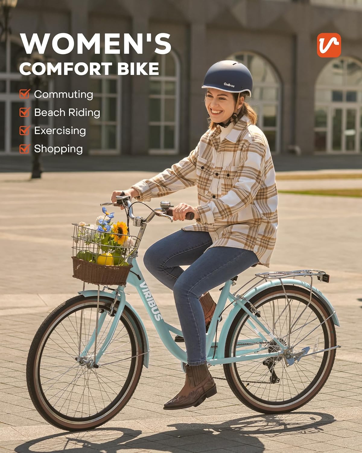 VIRIBUS Womens Cruiser Bike, 7 Speed Beach Cruiser Bike for Women, 26 inch Women Bicycle with Rattan Basket, City Commuter Vintage Retro Step Through Bicycle for Female Ladies Seniors, 330 Lb.