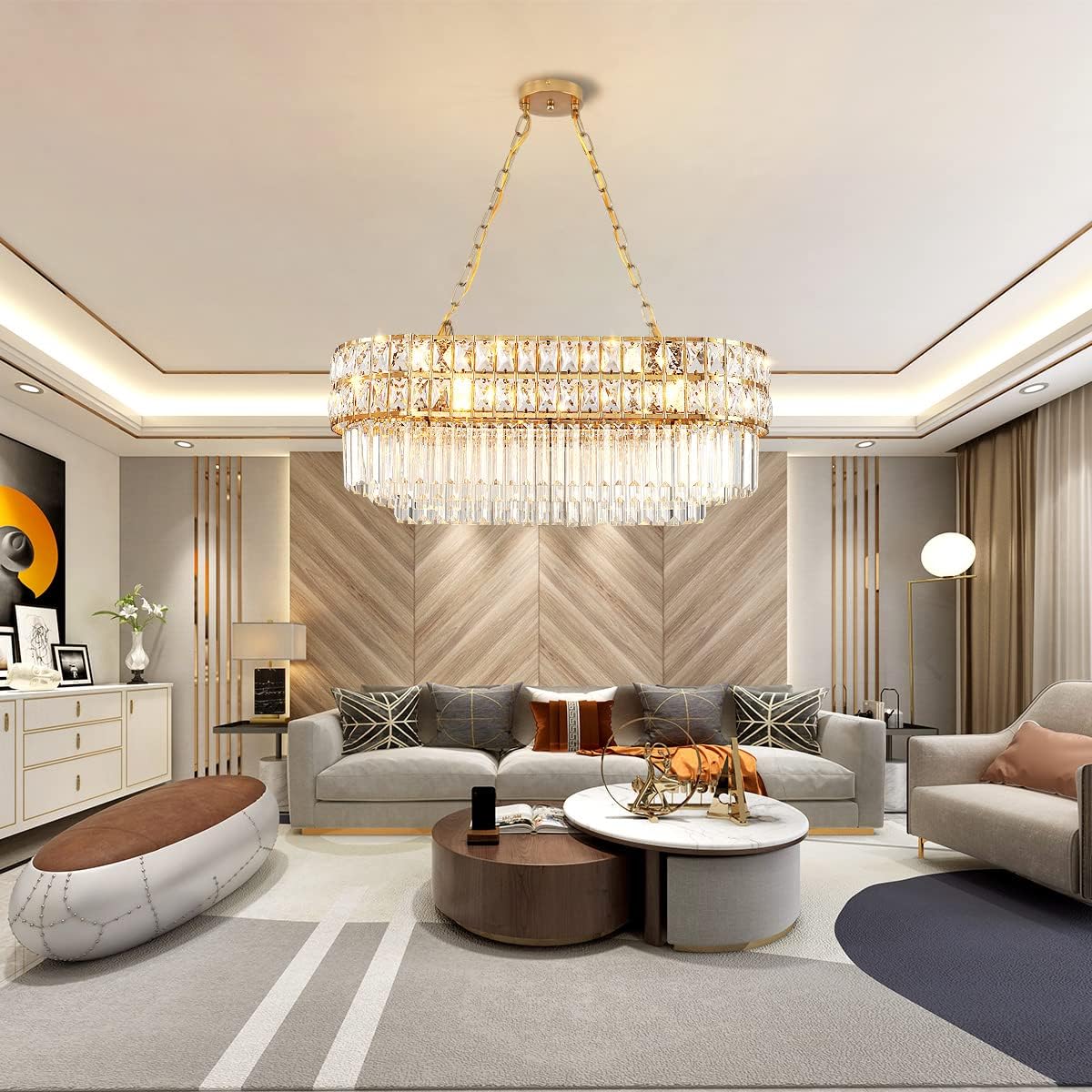 Modern Crystal Chandelier Gold Finish Light Fixture, Oval Crystal Pendant Light Hanging Lamp, for Living Room, Dining Room, Restaurant, E12 x 8, 29.5 x 13 inch