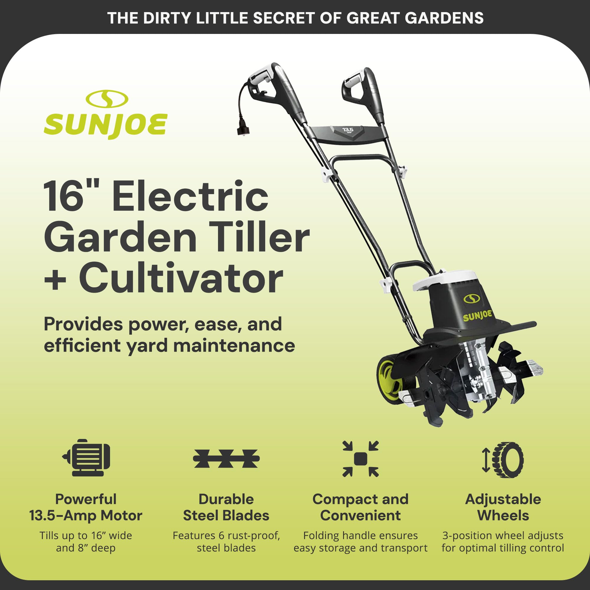 SUN JOE Corded Electric Garden Tiller - 16 Inch, 13.5 Amp