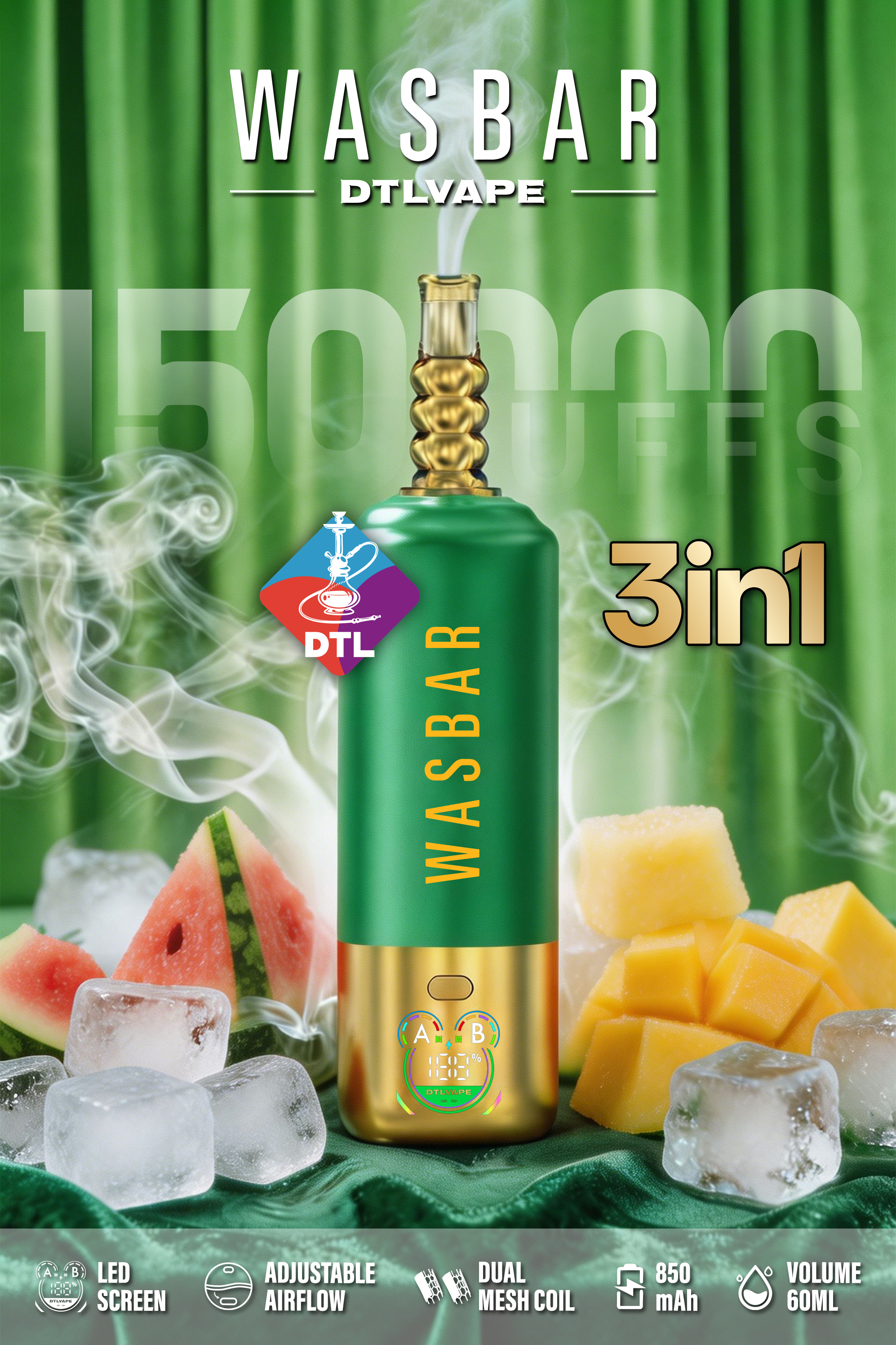 Wasbar 3 In 1 150000 Puffs 150K Disposable Vape DTL E-cigarettes