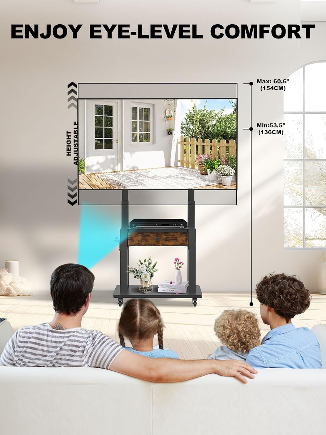 Rolling TV Stand with Fabric Drawer Storage for 32-75 Inch Flat/Curved Screen up to 220lbs LCD/LED/OLED Adjustable Height Mobile TV Cart with Wheels for Home Office Outdoor Max VESA 600x400mm