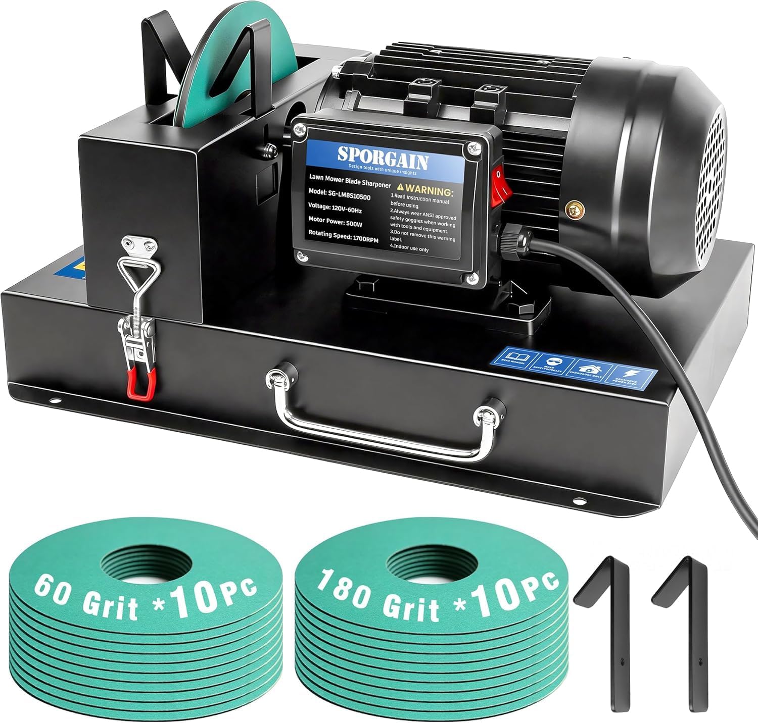 SporGain Lawn Mower Blade Sharpener 2/3 HP, Lawnmower Blade Sharpener with 20 Sandpapers 60/180 Grit, Heavy-Duty Mower Sharpening Machine for High/Low Lift, Gator & Flat Blades