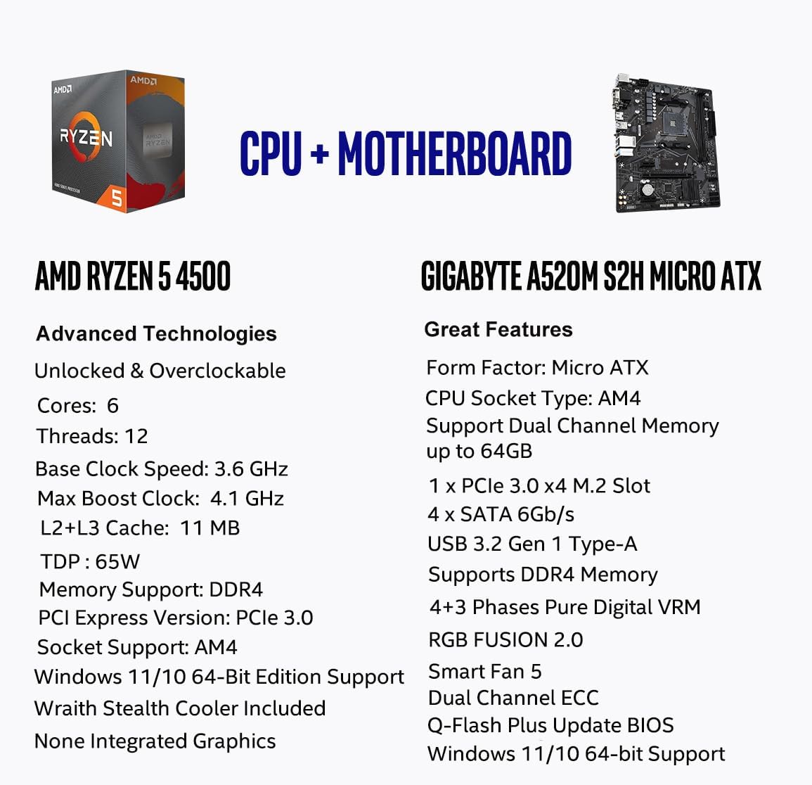Micro Center AMD Ryzen 5 4500 Desktop Processor with Gigabyte A520M S2H Micro ATX Motherboard(AM4, DDR4, NVMe PCIe 3.0 x4 M.2, Q-Flash Plus, RGB Fusion 2.0)