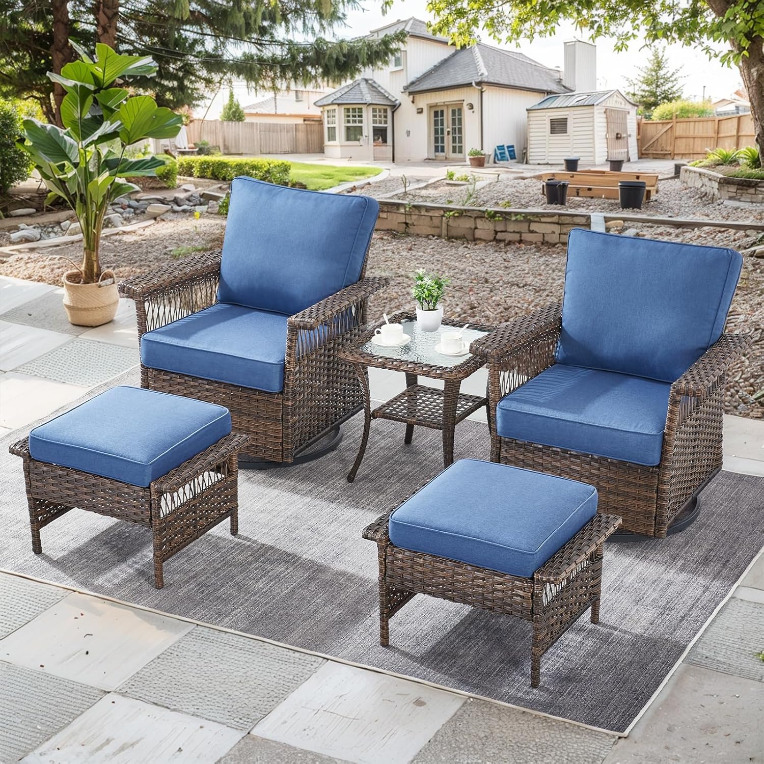 Patio Furniture Set 2 Wicker Swivel Glider Chairs 2 PE Rattan Ottomans with Patio Side Table Brown Wicker Blue Cushions Patio Conversation Set 5pcs for Garden Backyard