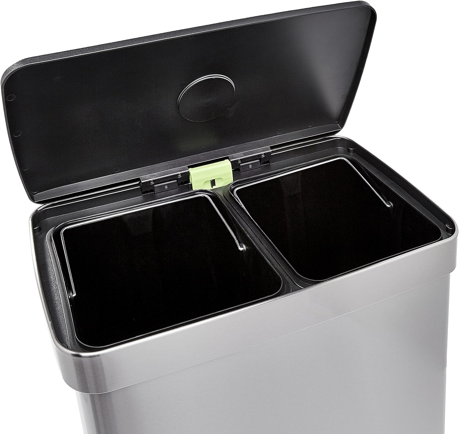 Amazon Basics Dual Compartment Recycling Trash Can with Soft-Close Lid, Fingerprint Resistant, Removable Liner Buckets, 60 Liters, Rectangular, Grey, Silver