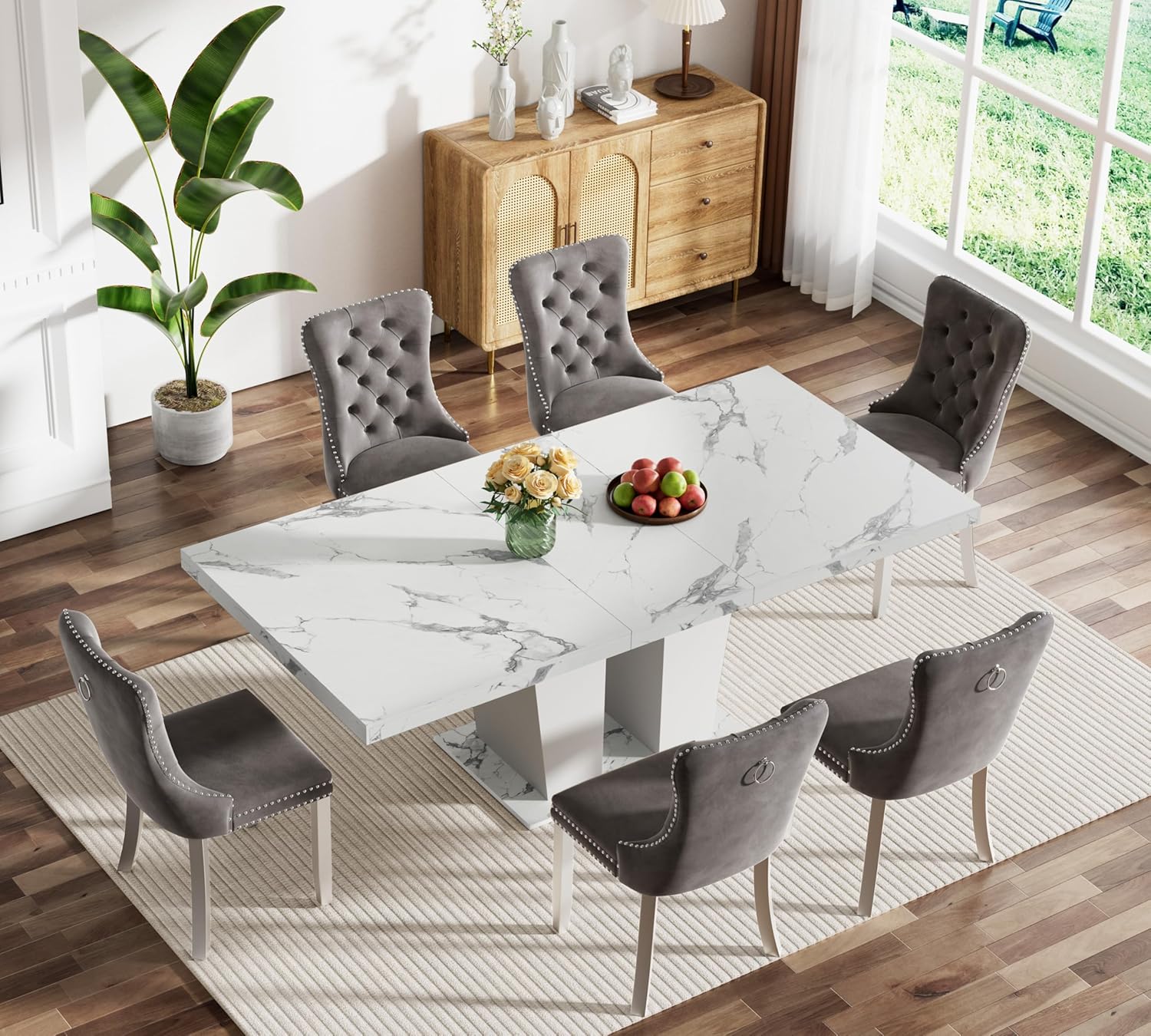 Henf 7 Pieces Faux Marble Dining Table Set for 6, 63