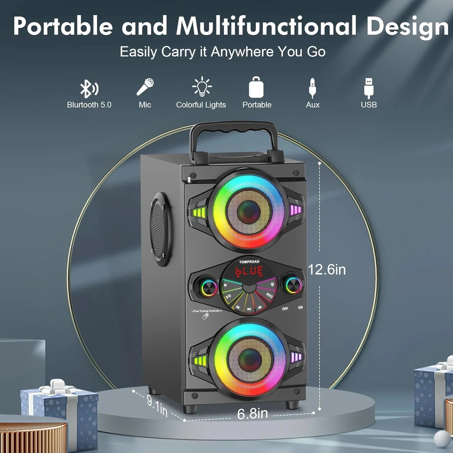 Speakers, 60W Portable Wireless Loud Outdoor Home Party Bluetooth Speaker with Subwoofer, FM Radio, LED Colorful Lights, Microphone, Remote and Big Powerful Stereo Deep Bass Sound Boombox