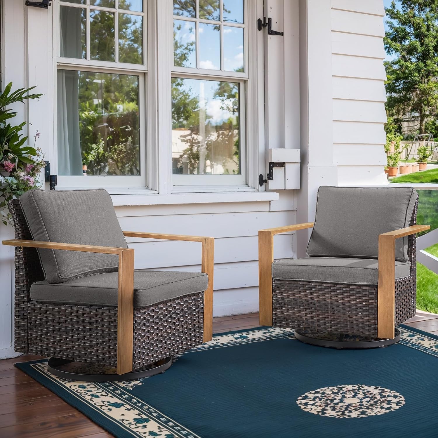Belord Outdoor Swivel Rocker Chairs Set of 2 With Metal Wide Armrests, Patio Wicker Chairs, Glider Furniture for Porch Deck Sunroom Backyard