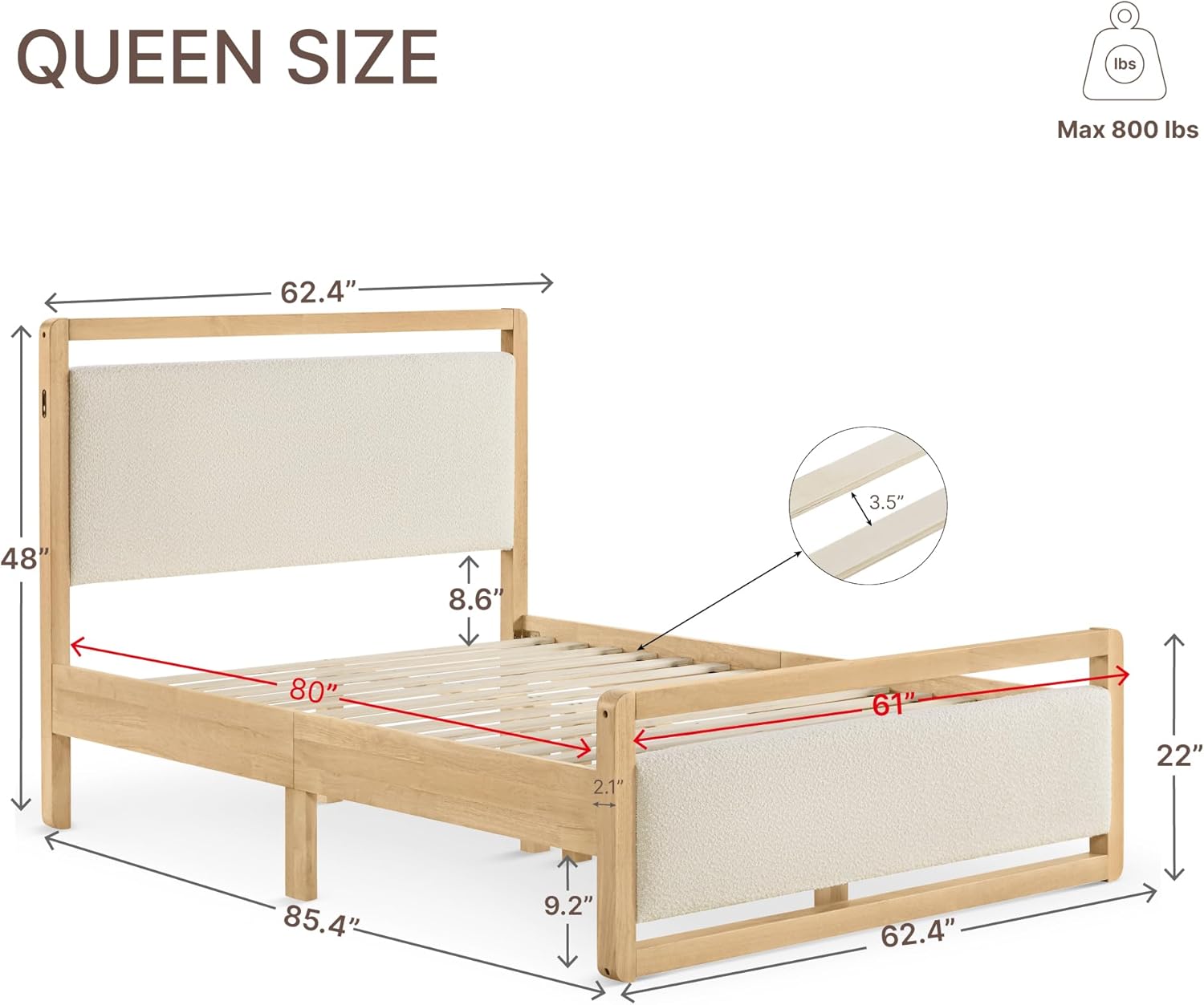 KISLOT Wood Bed Frame with Headboard and Footboard, Mattress Foundation with USB Charging Strong Wooden Slat Support Noise-Free Easy Assembly No Box Spring Needed