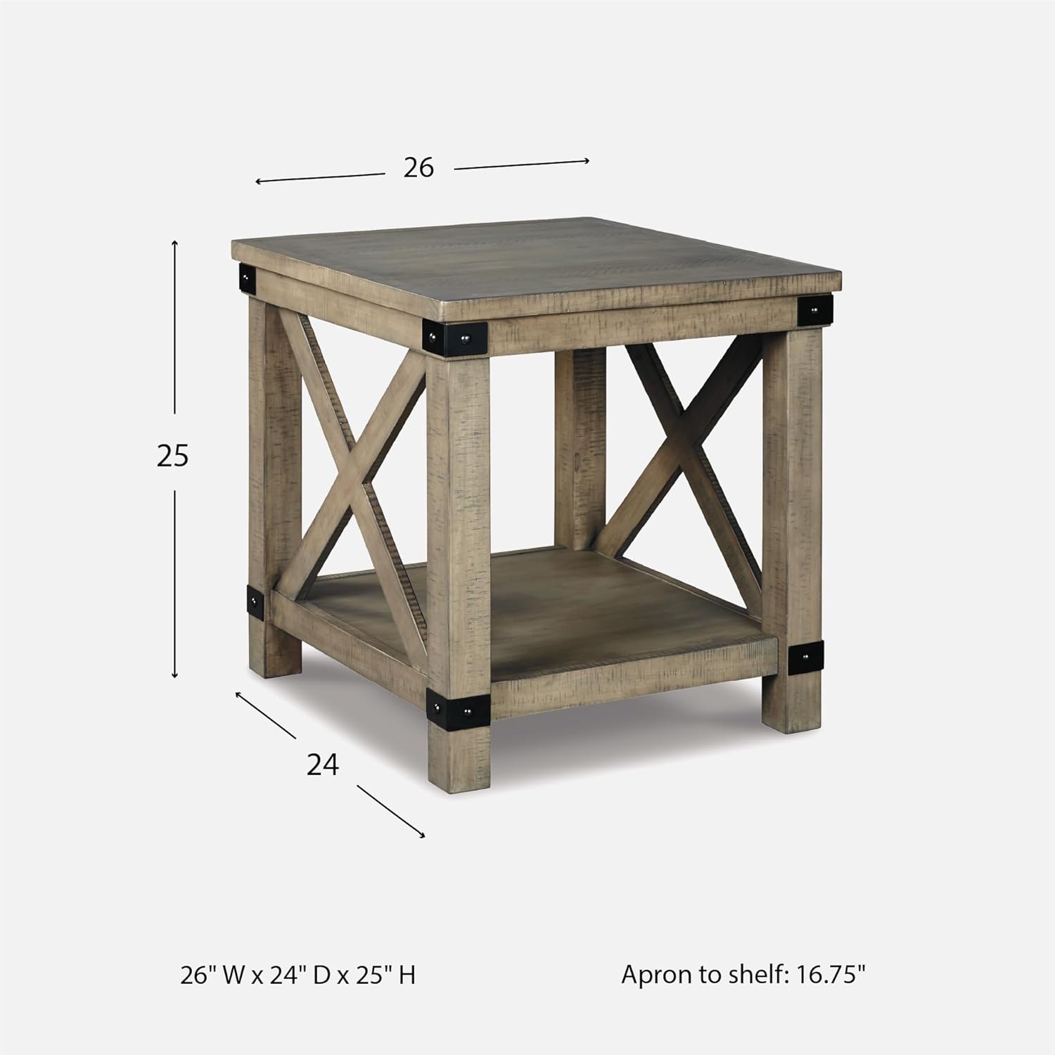 Signature Design by Ashley Aldwin Casual Farmhouse Rectangular End Table with Crossbuck Details, Metal Bracket Accents, Wood, 25
