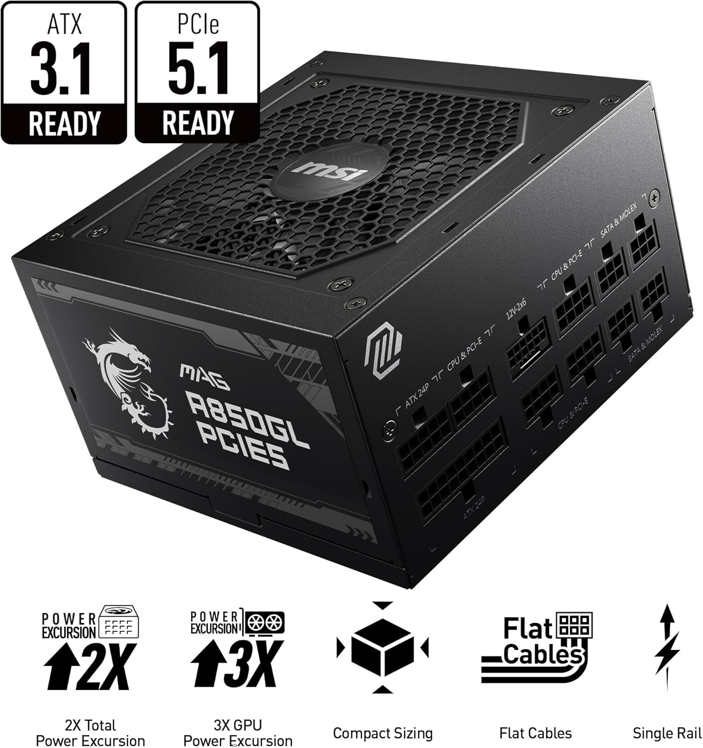MSI MAG A850GL PCIE5, Fully Modular Compact Gaming 850W Power Supply, 80+ Gold, ATX 3.1 & PCIe 5.1 Ready, Native Dual-Color 12V-2x6 Cable, 10 Year Warranty